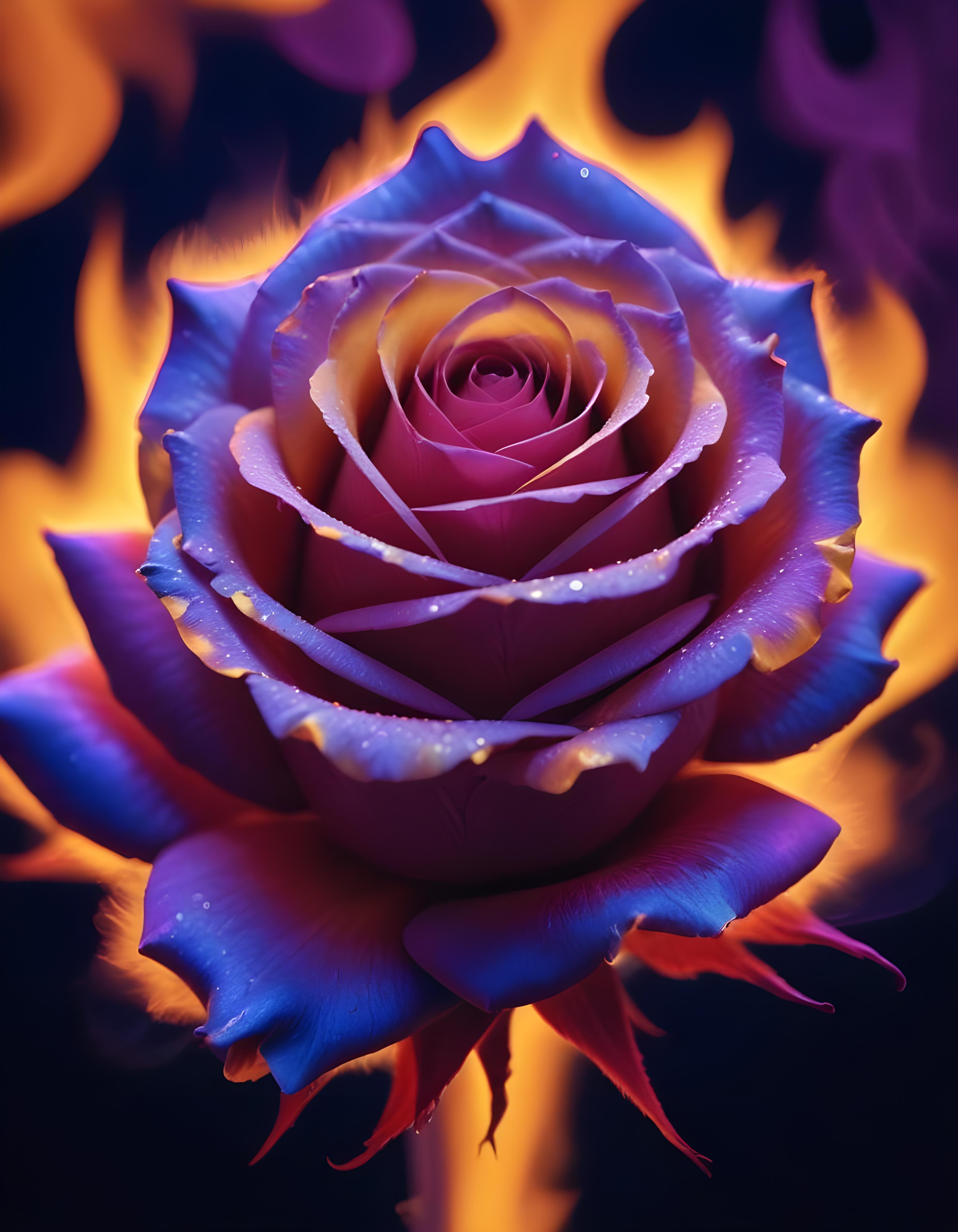 Fantasy Rose Flower with Fire and Glowing Flames Artistic Illustration