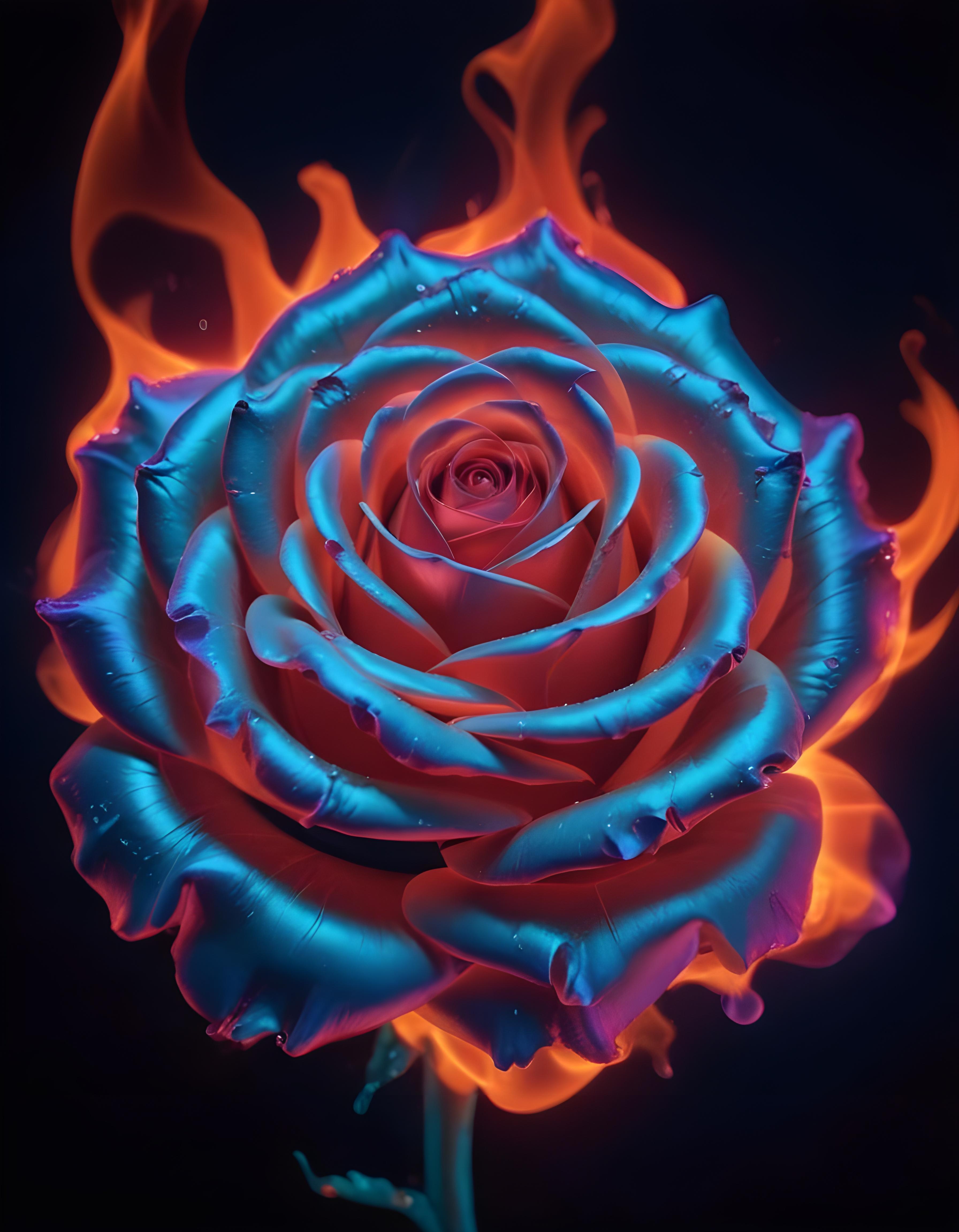 Fantasy Rose Flower with Fire and Glowing Flames Artistic Illustration