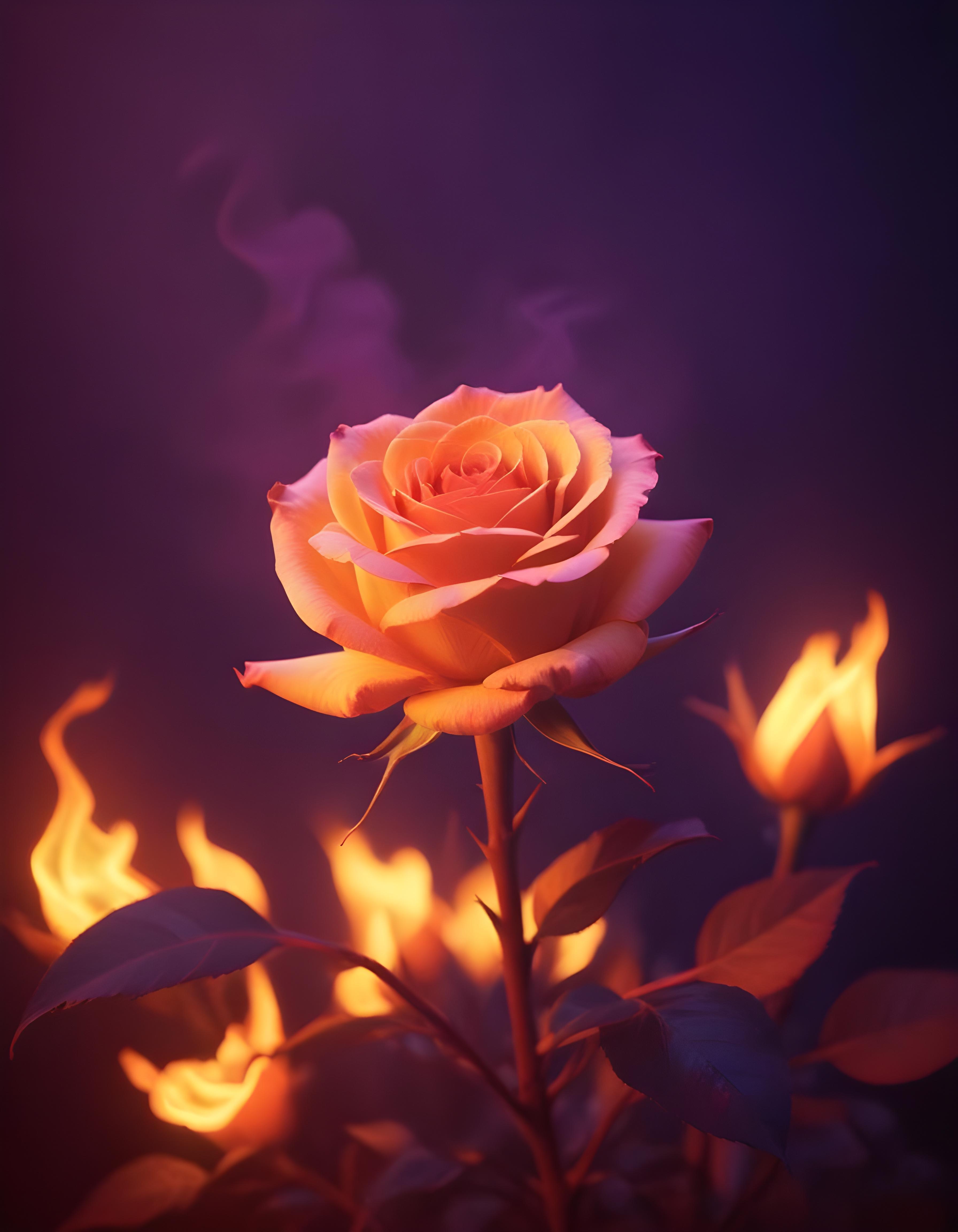 Fantasy Rose Flower with Fire and Glowing Flames Artistic Illustration