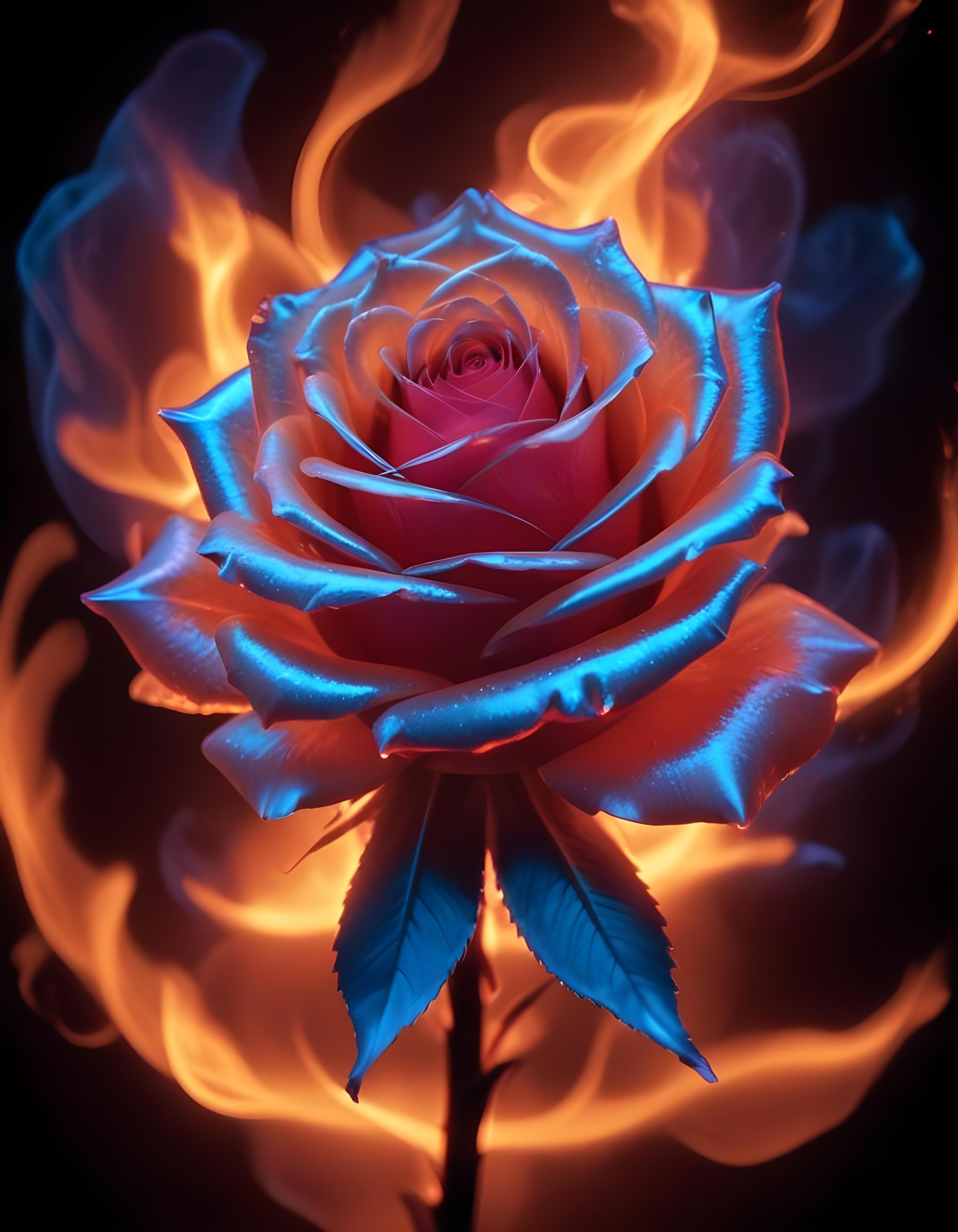 Fantasy Rose Flower with Fire and Glowing Flames Artistic Illustration