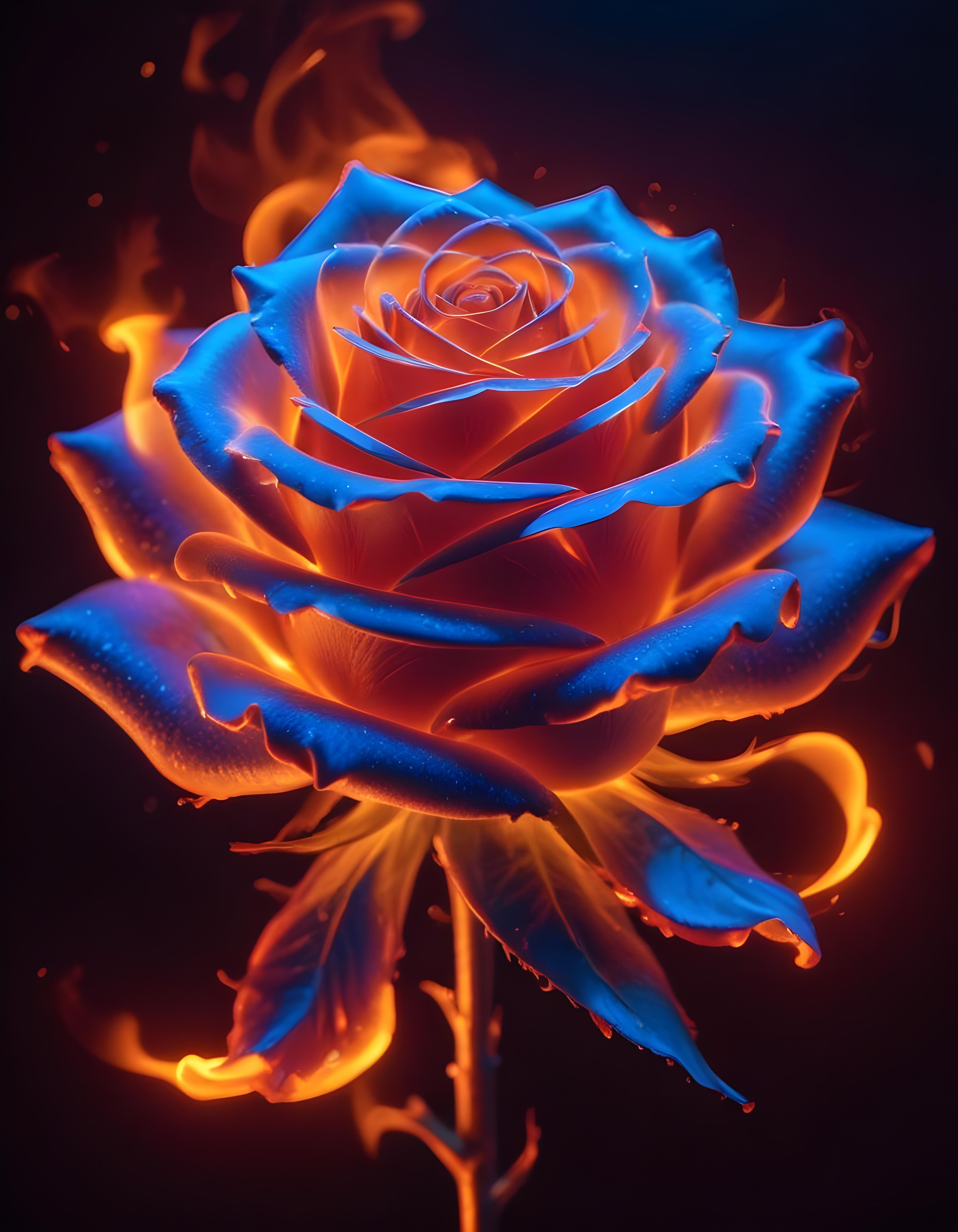 Fantasy Rose Flower with Fire and Glowing Flames Artistic Illustration