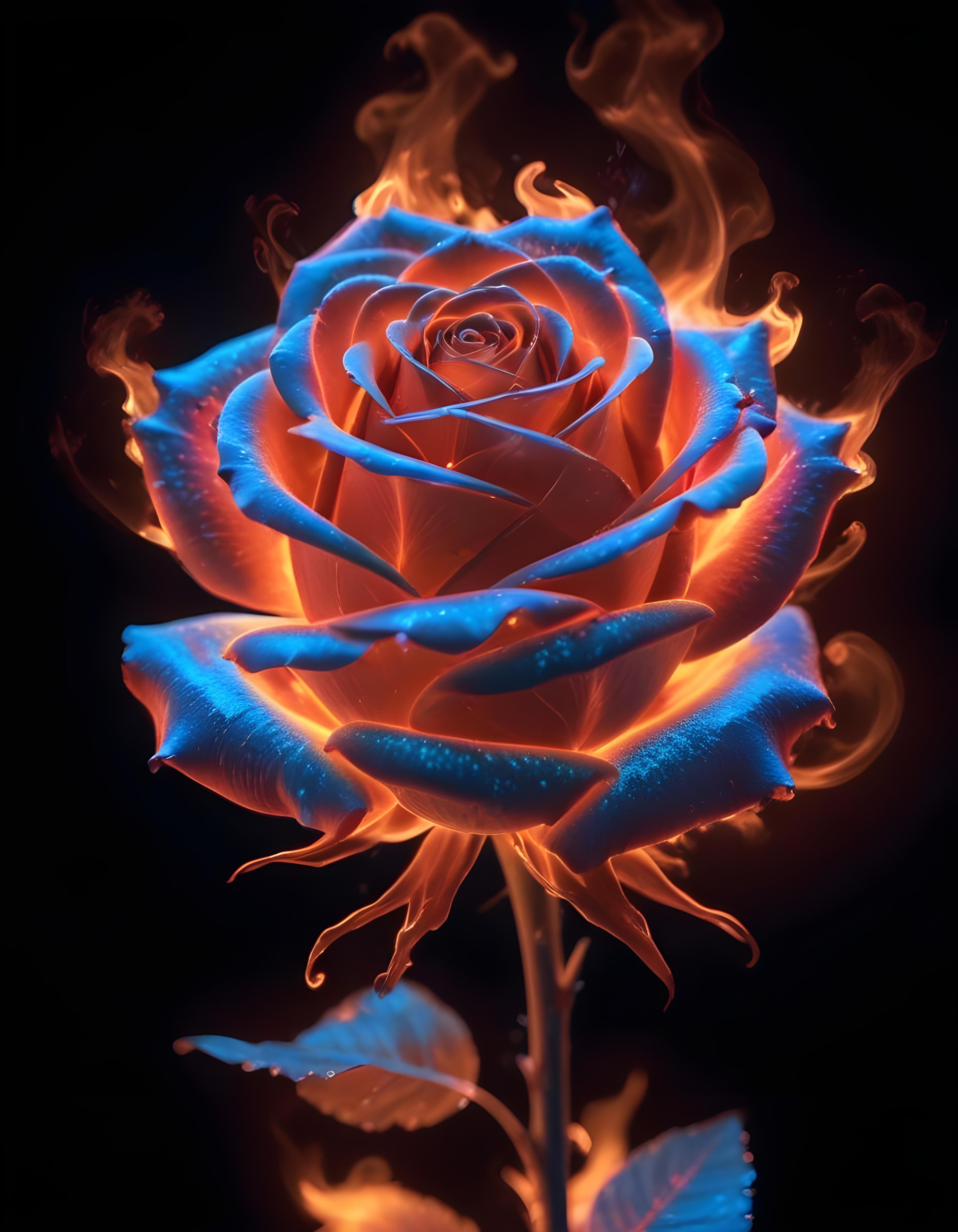 Fantasy Rose Flower with Fire and Glowing Flames Artistic Illustration