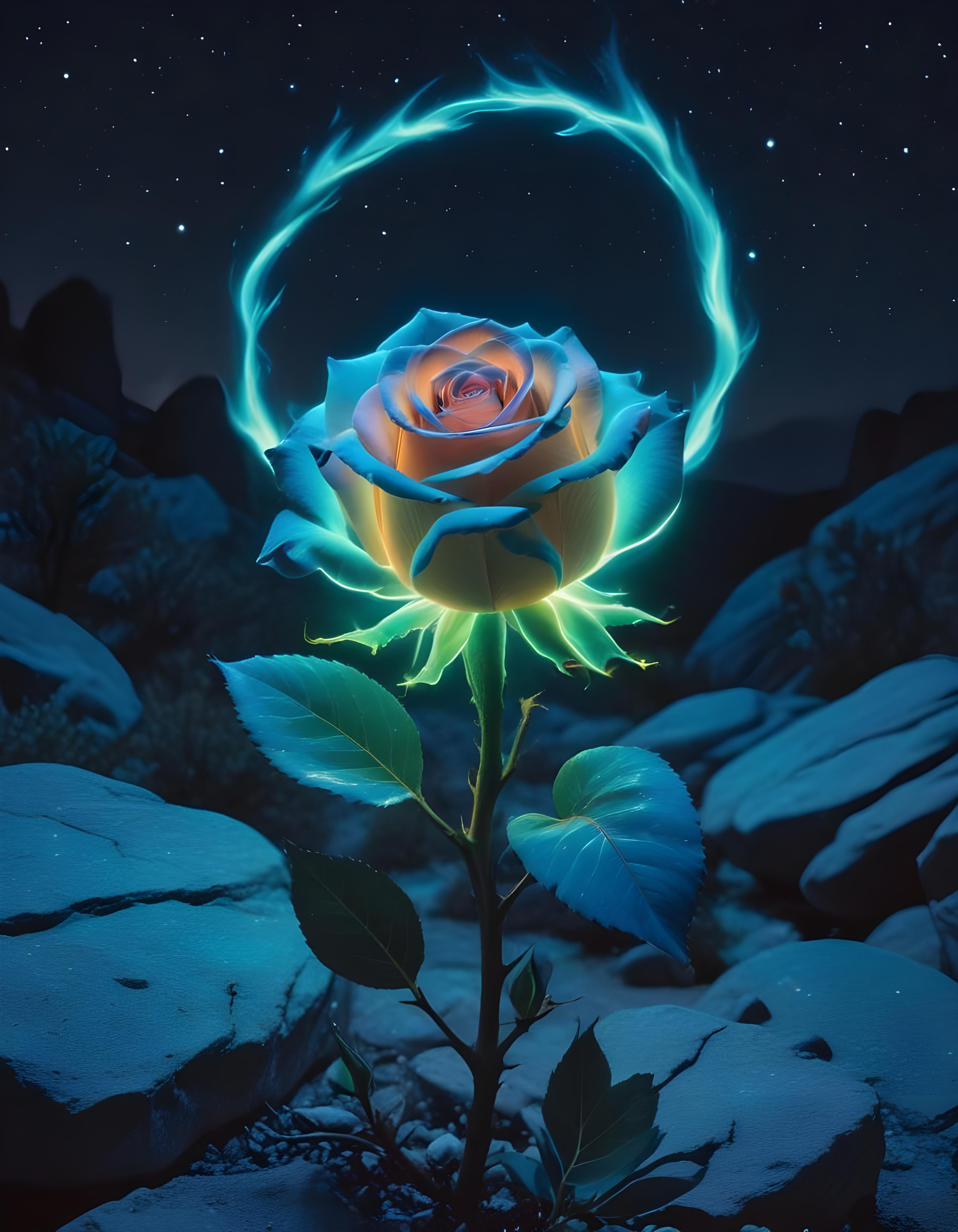 Fantasy Rose Flower with Fire and Glowing Flames Artistic Illustration