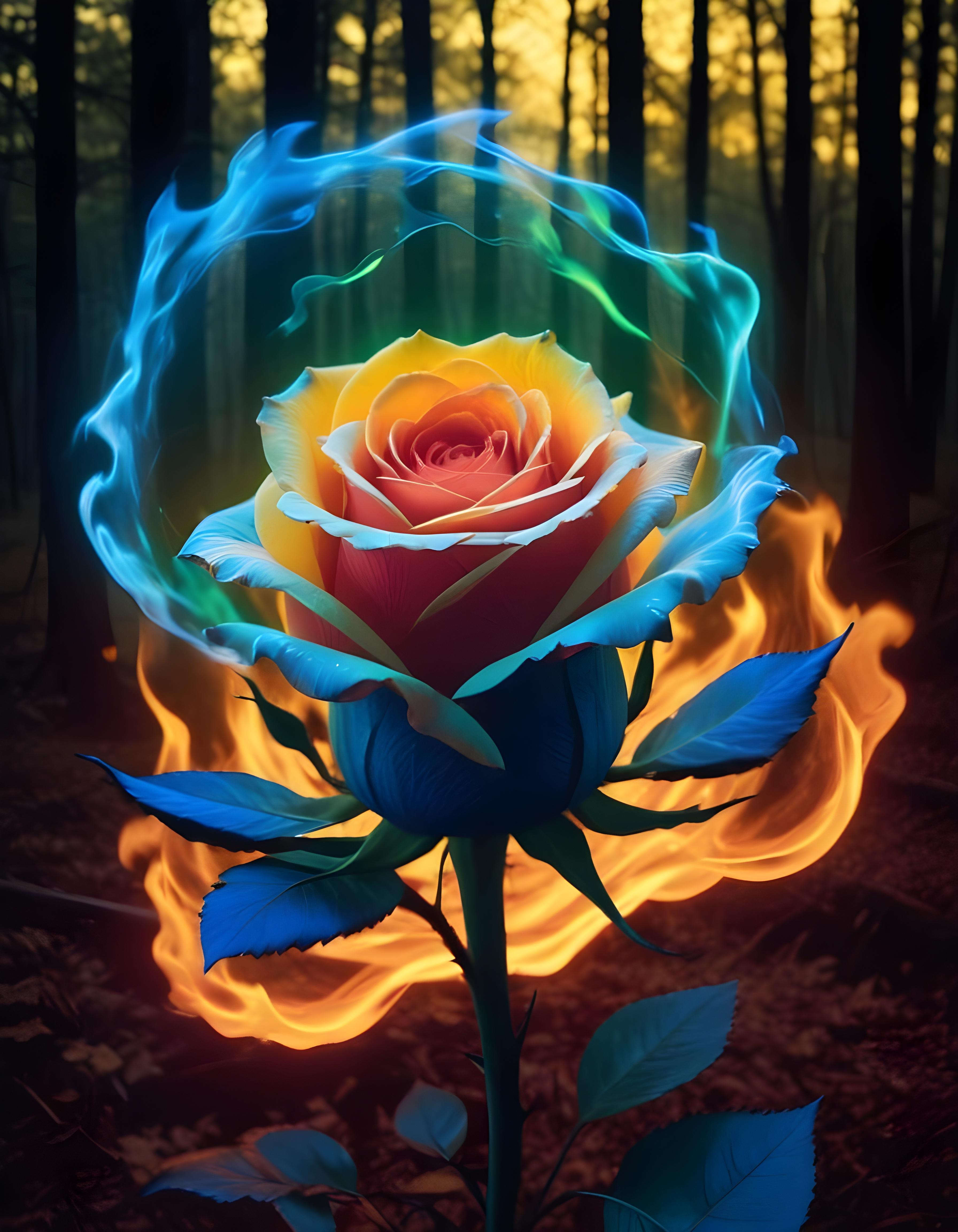 Fantasy Rose Flower with Fire and Glowing Flames Artistic Illustration