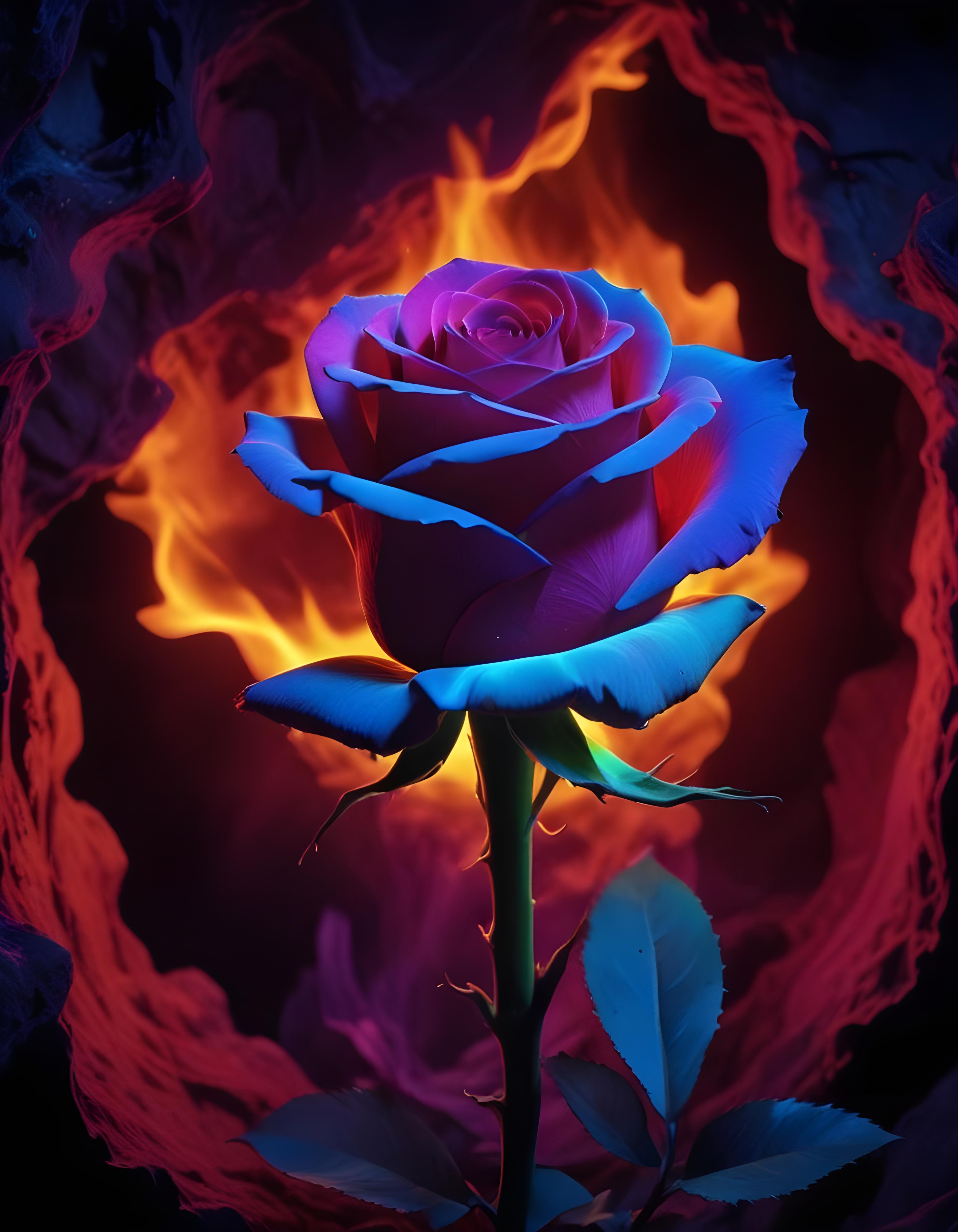 Fantasy Rose Flower with Fire and Glowing Flames Artistic Illustration
