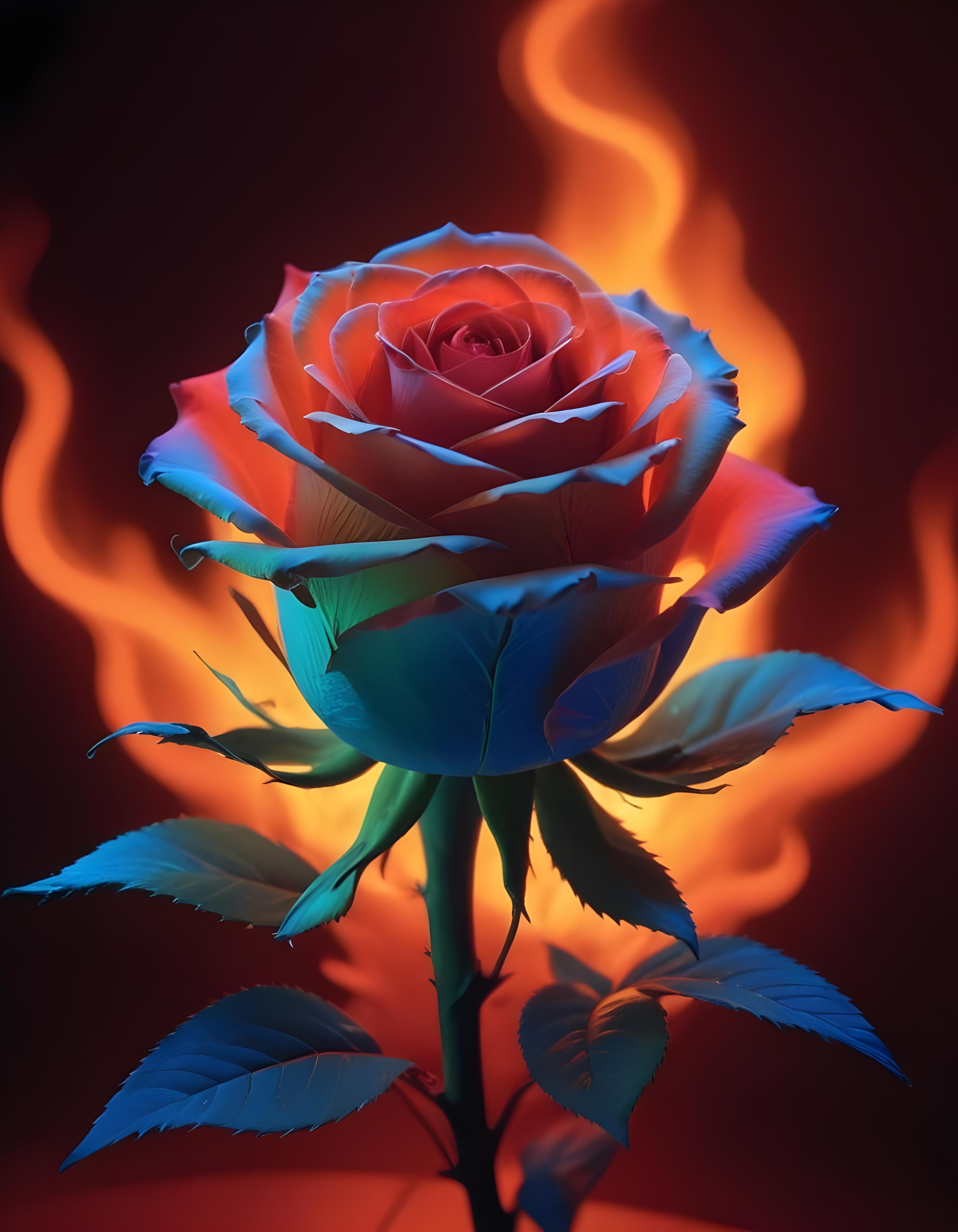 Fantasy Rose Flower with Fire and Glowing Flames Artistic Illustration