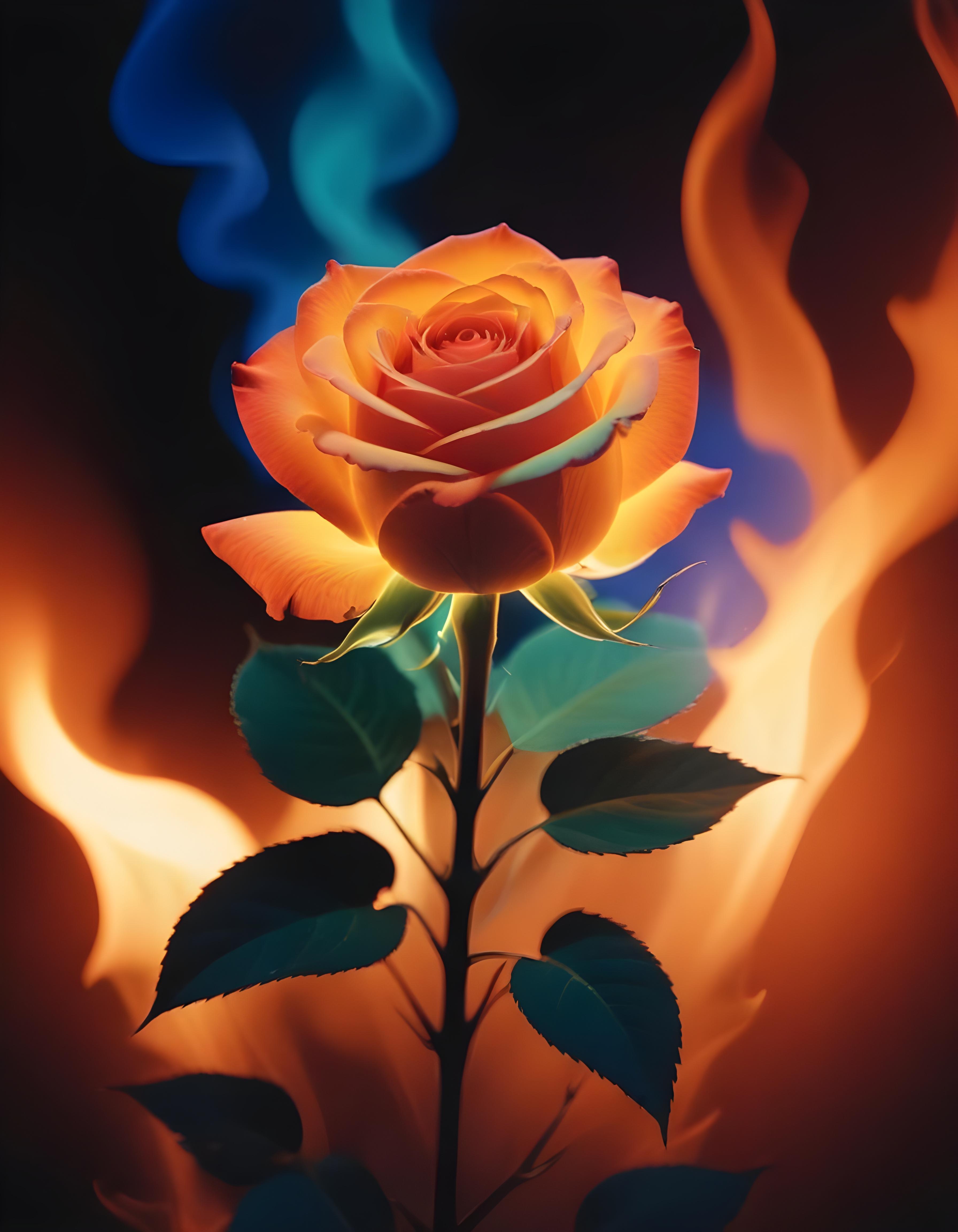 Fantasy Rose Flower with Fire and Glowing Flames Artistic Illustration