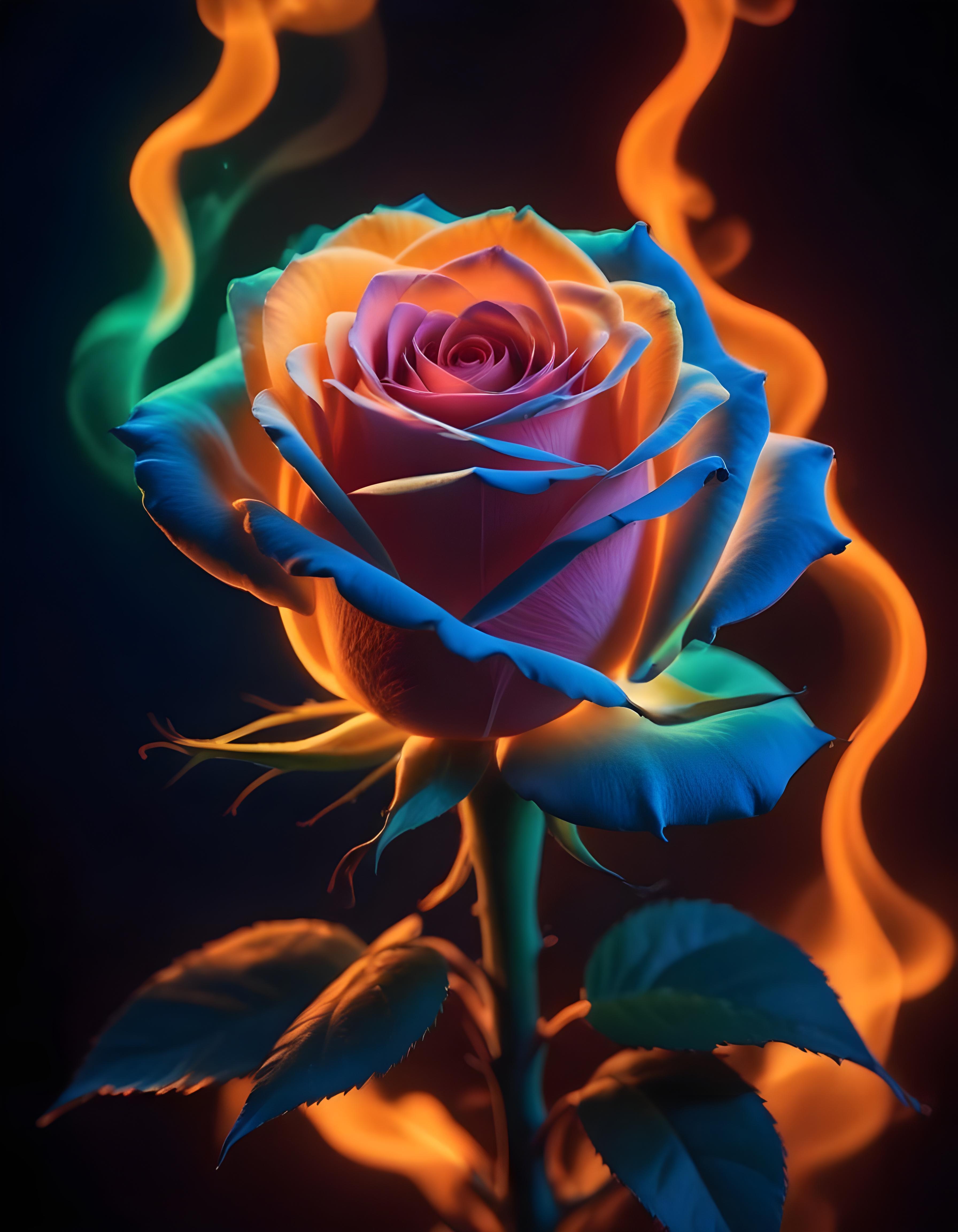 Fantasy Rose Flower with Fire and Glowing Flames Artistic Illustration