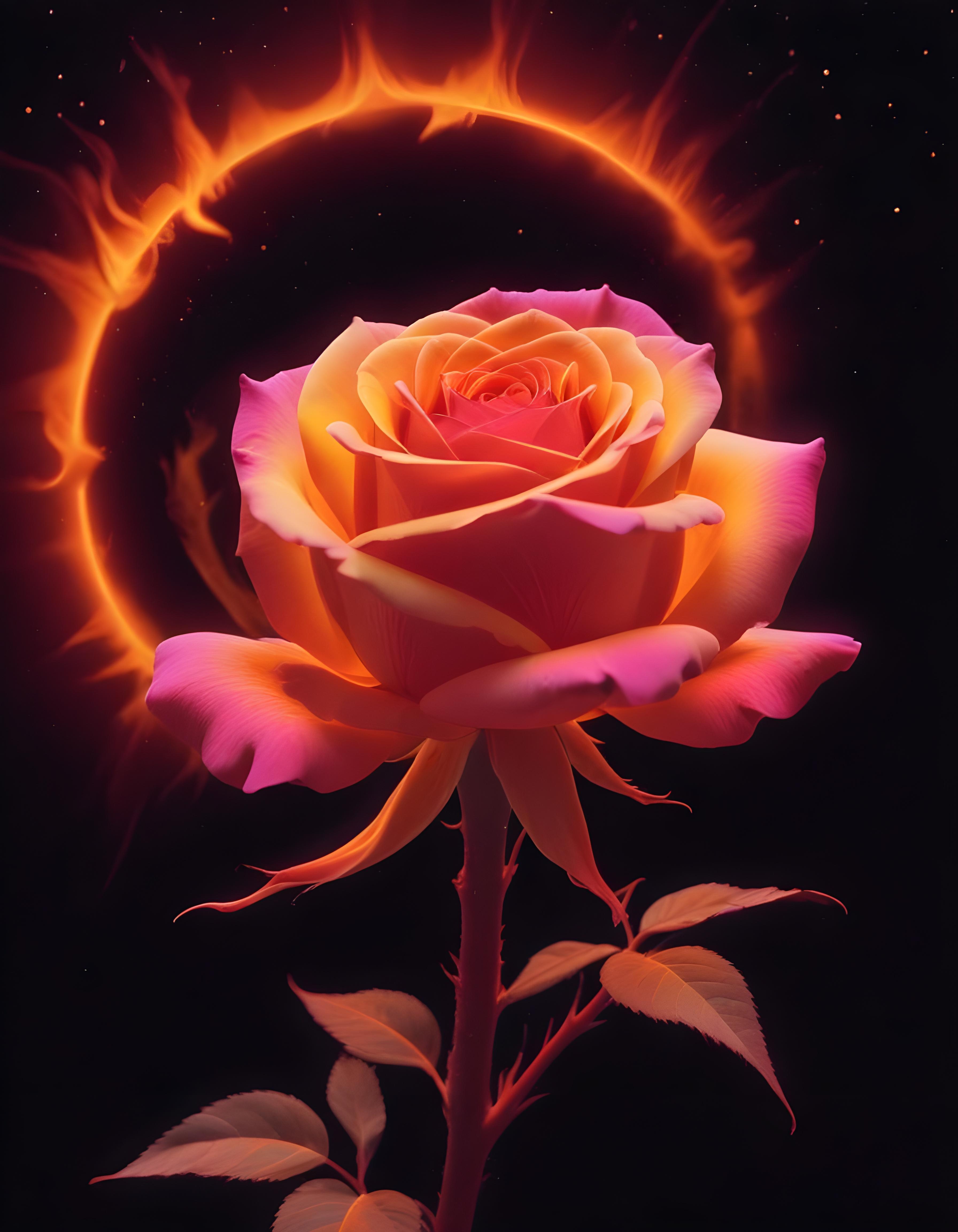 Fantasy Rose Flower with Fire and Glowing Flames Artistic Illustration