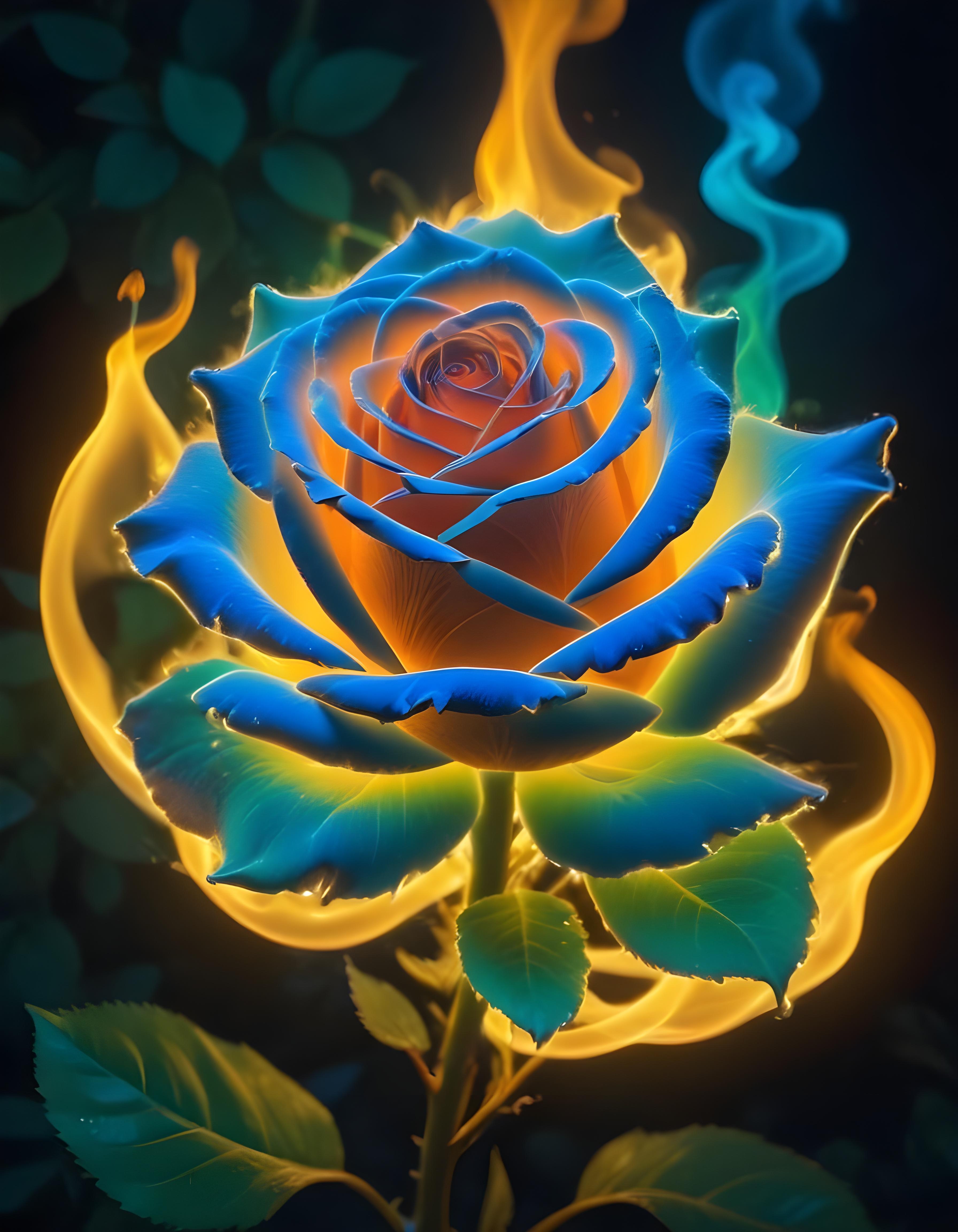 Fantasy Rose Flower with Fire and Glowing Flames Artistic Illustration