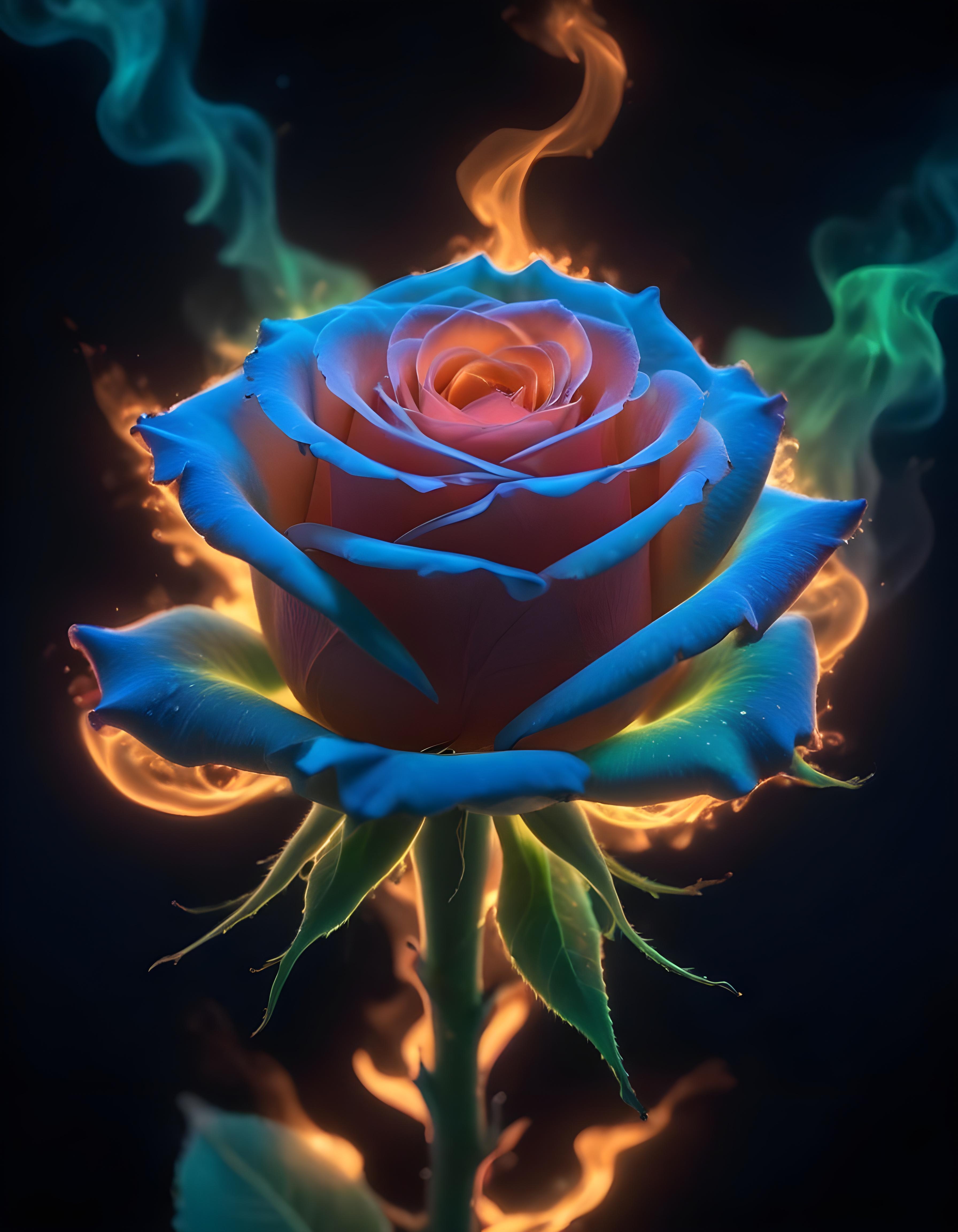 Fantasy Rose Flower with Fire and Glowing Flames Artistic Illustration