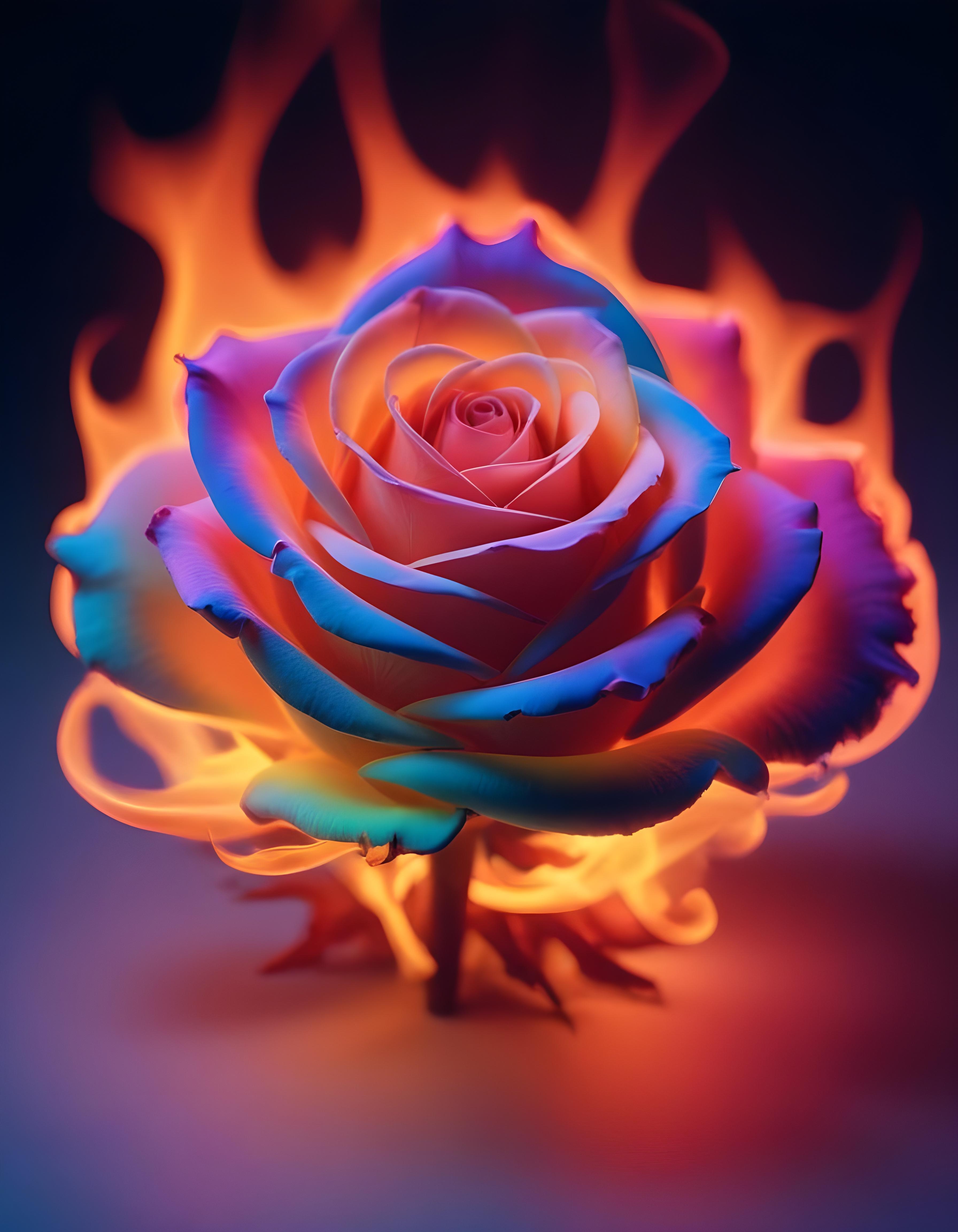 Fantasy Rose Flower with Fire and Glowing Flames Artistic Illustration