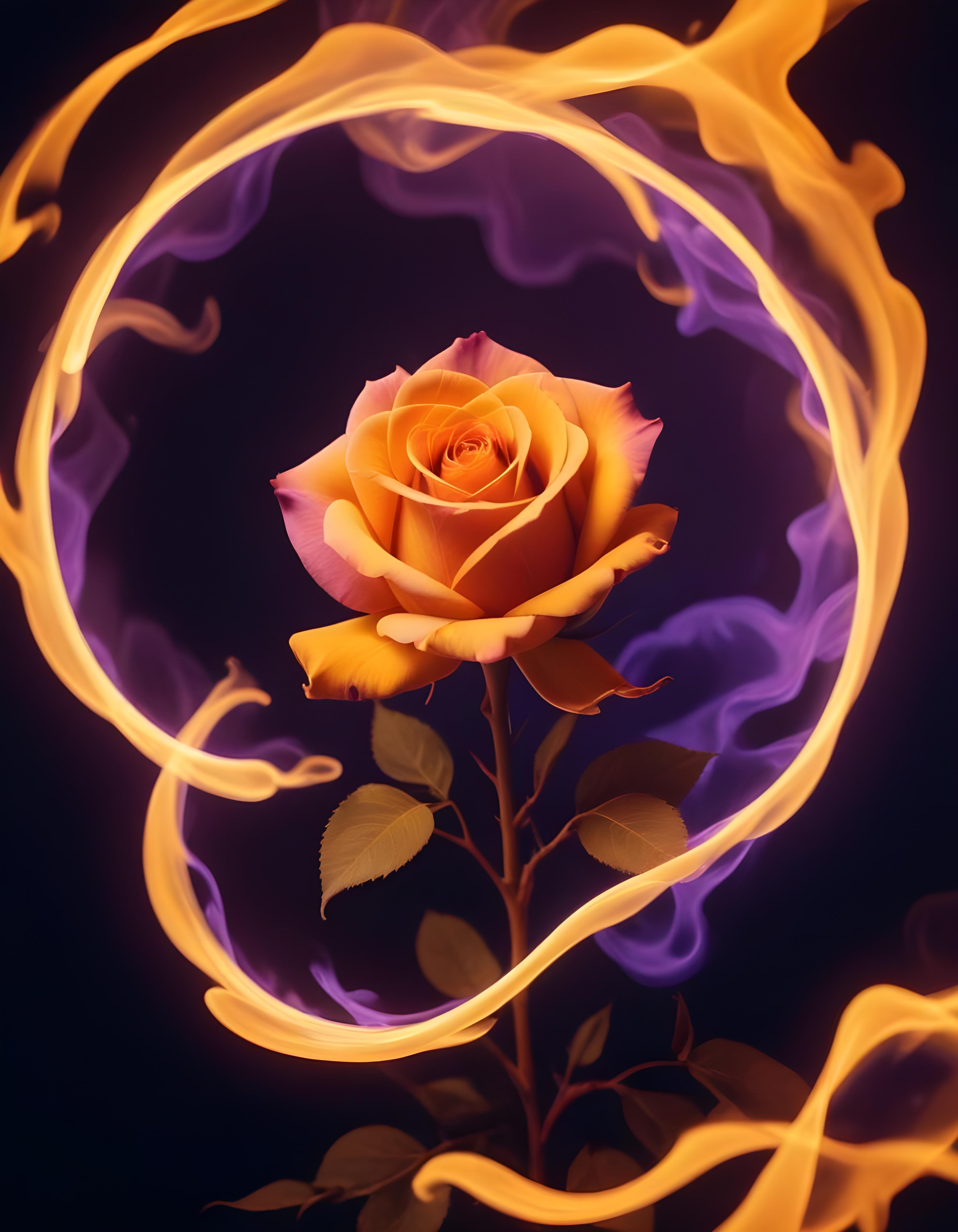 Fantasy Rose Flower with Fire and Glowing Flames Artistic Illustration