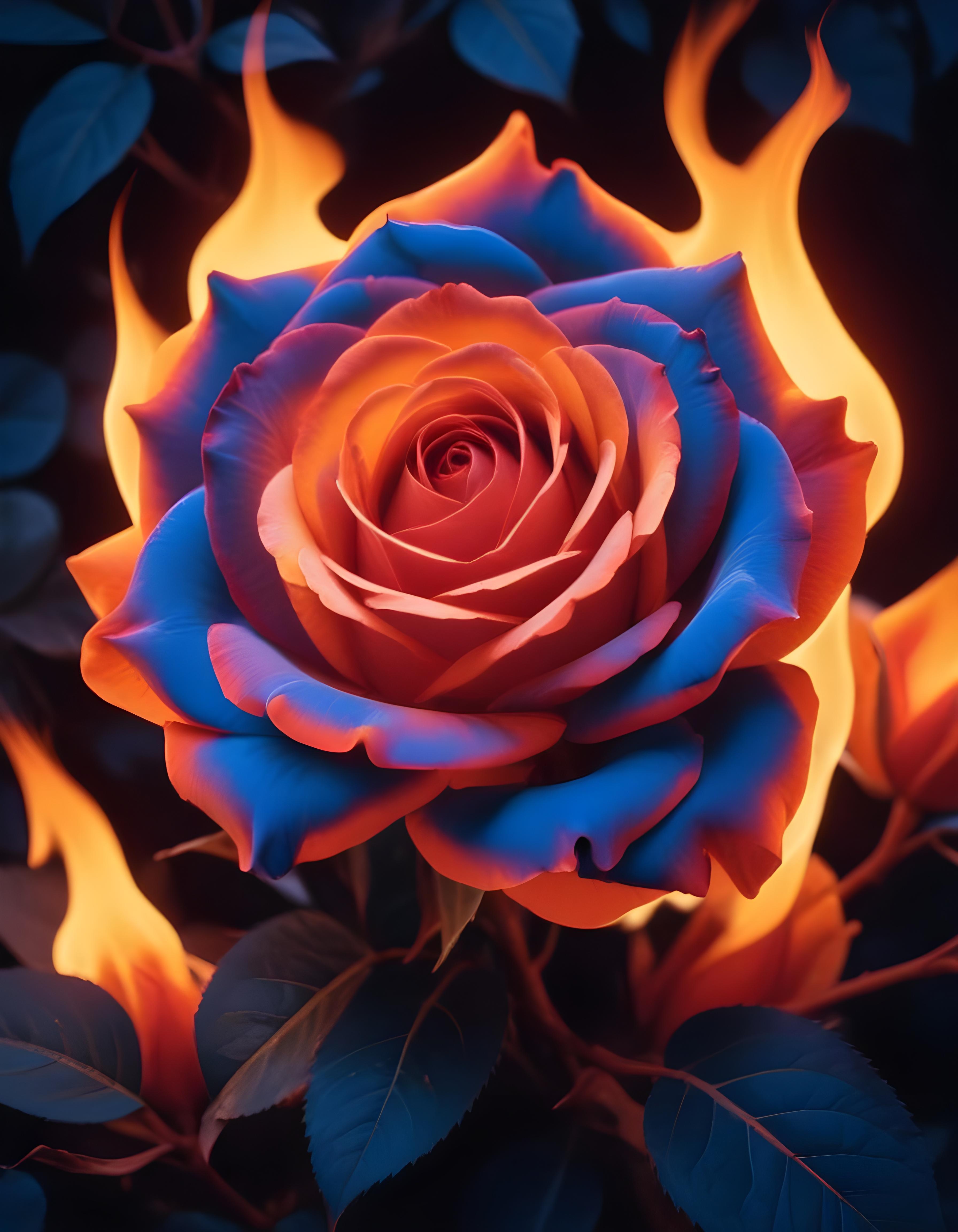 Fantasy Rose Flower with Fire and Glowing Flames Artistic Illustration