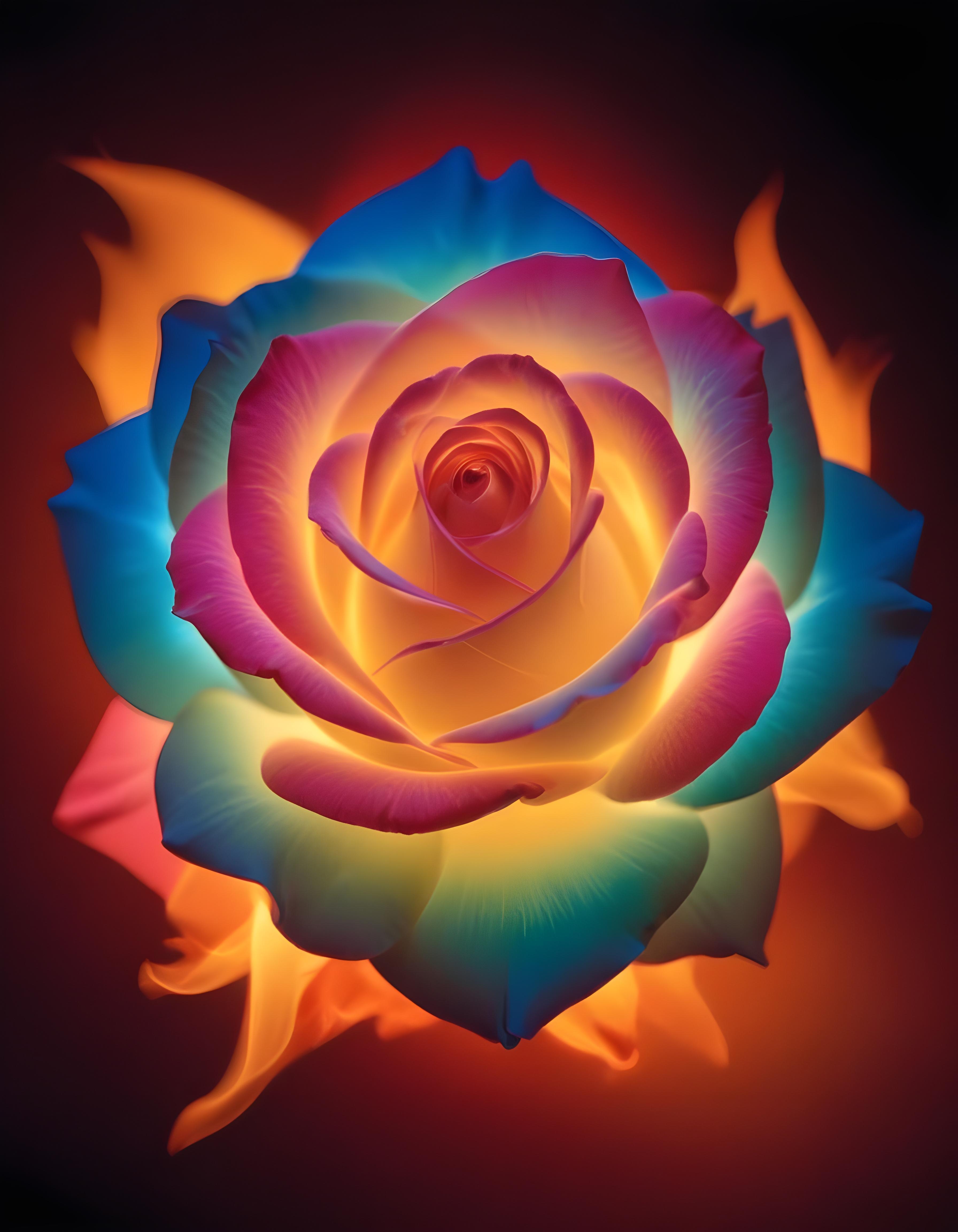 Fantasy Rose Flower with Fire and Glowing Flames Artistic Illustration
