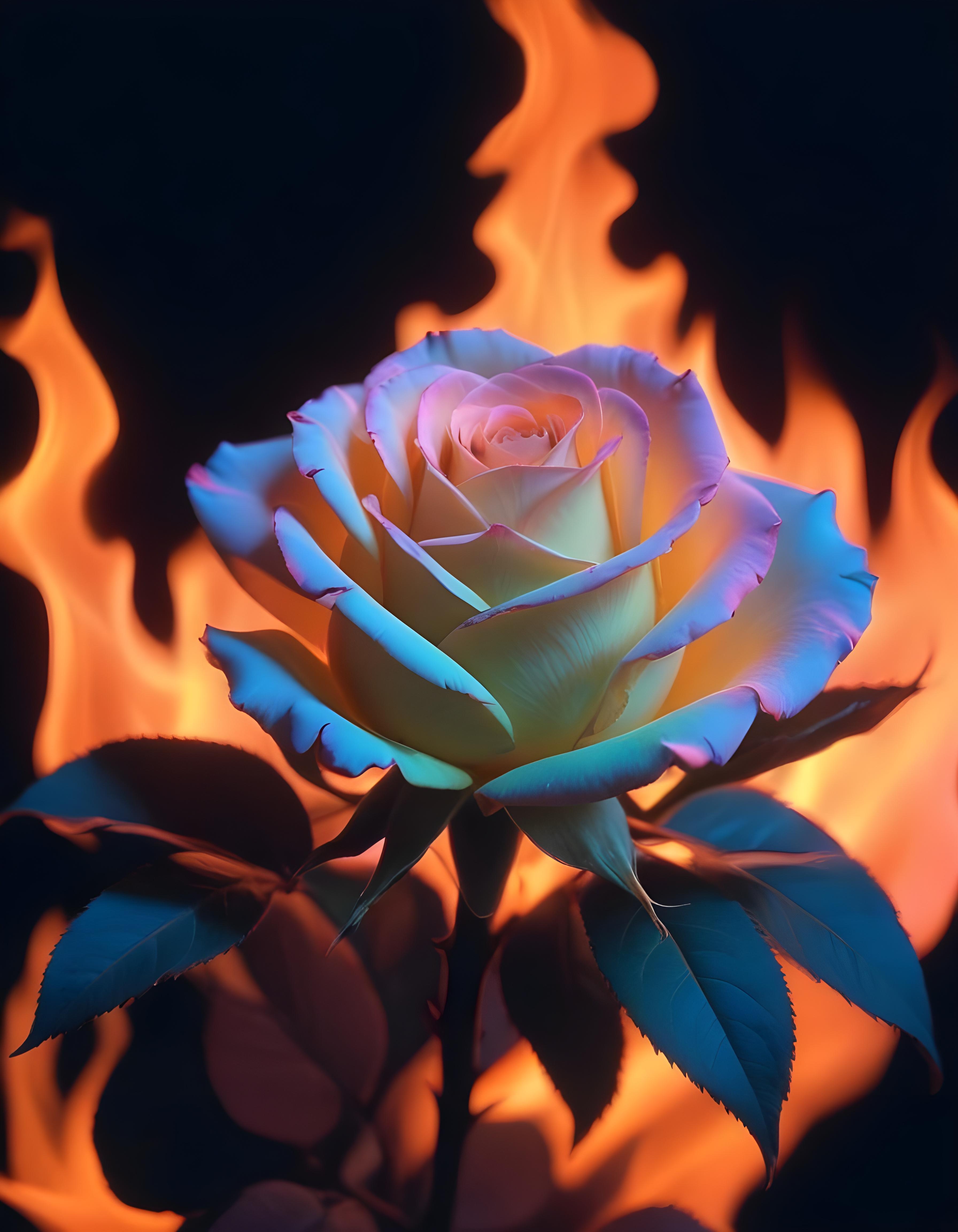 Fantasy Rose Flower with Fire and Glowing Flames Artistic Illustration