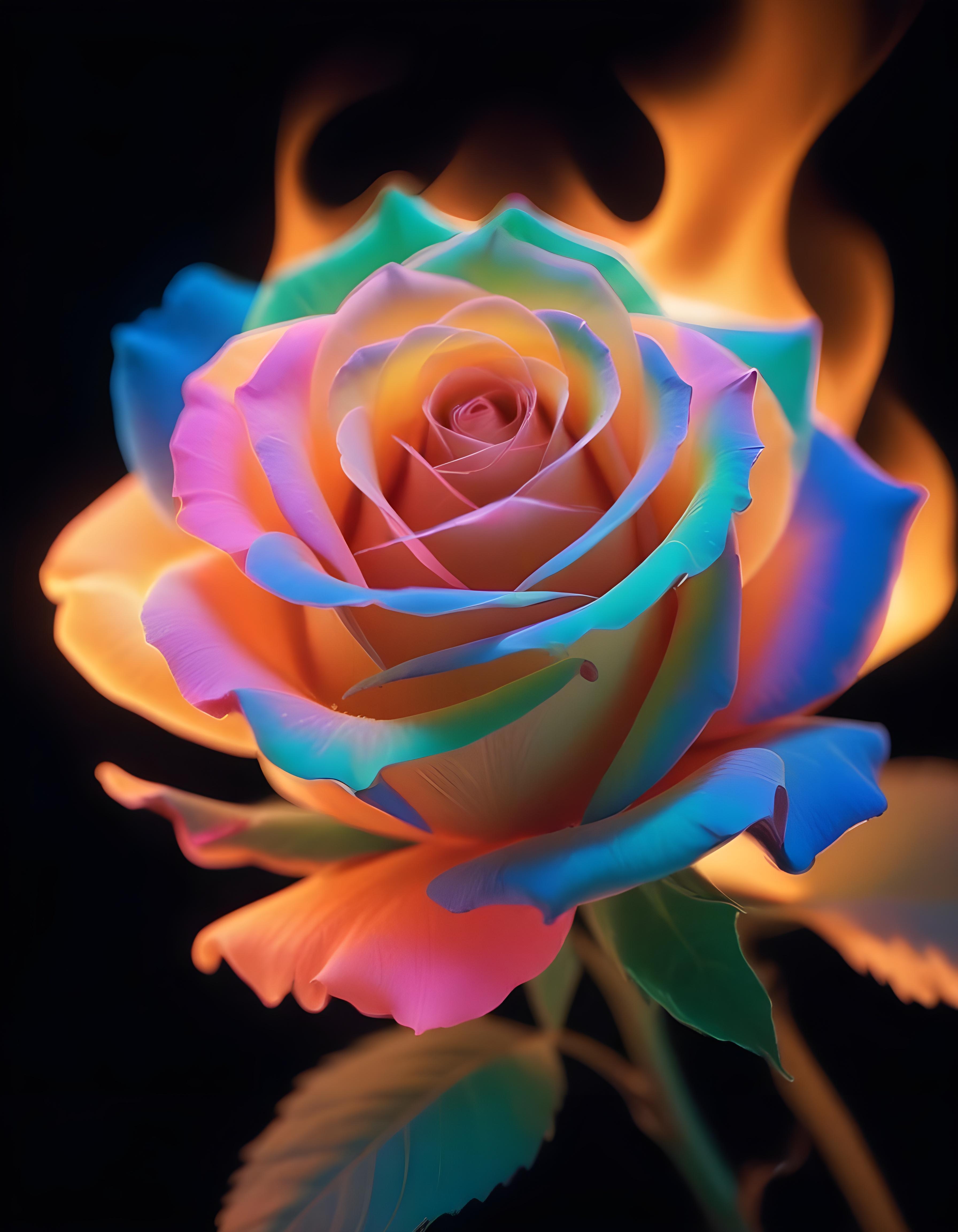 Fantasy Rose Flower with Fire and Glowing Flames Artistic Illustration