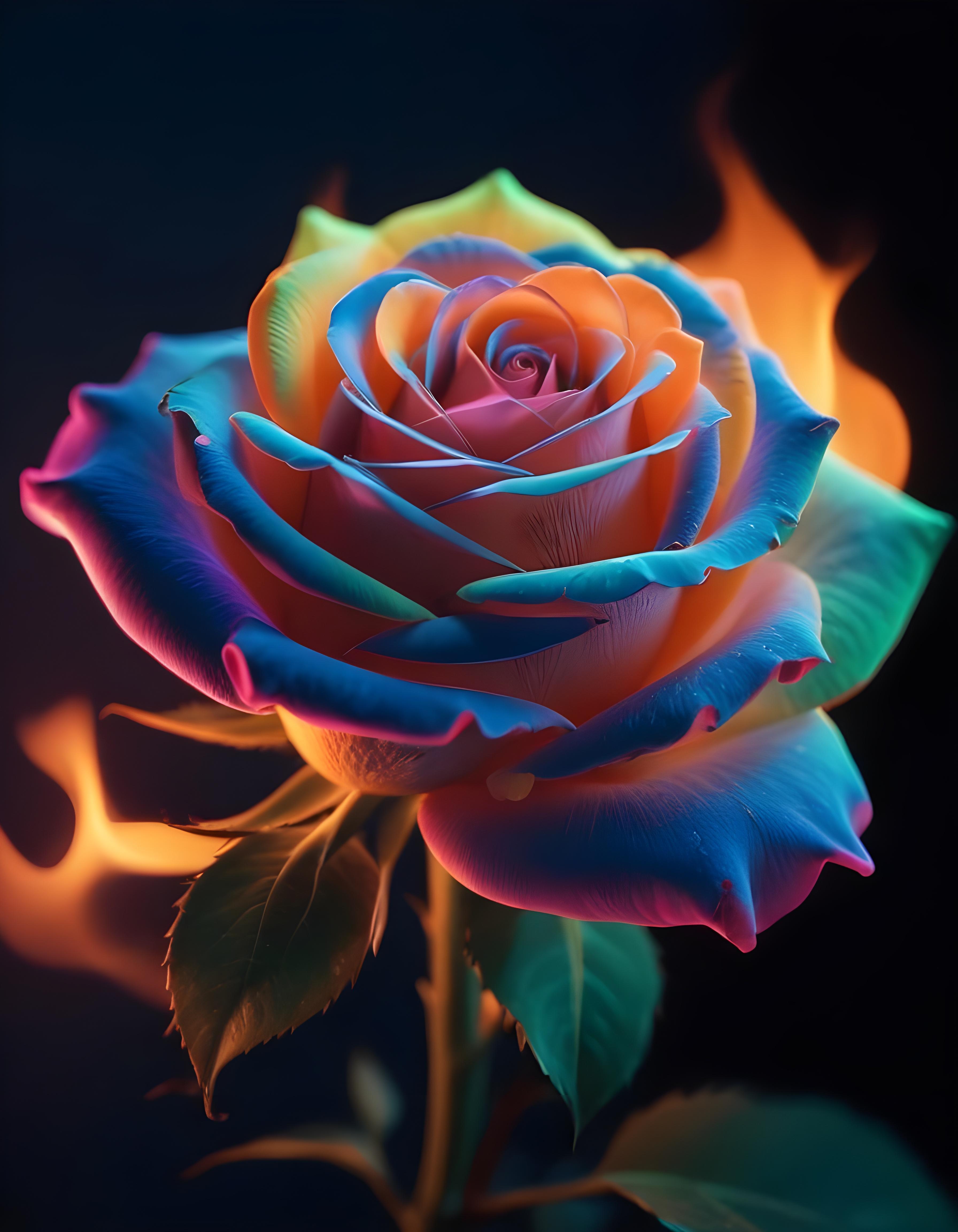 Fantasy Rose Flower with Fire and Glowing Flames Artistic Illustration