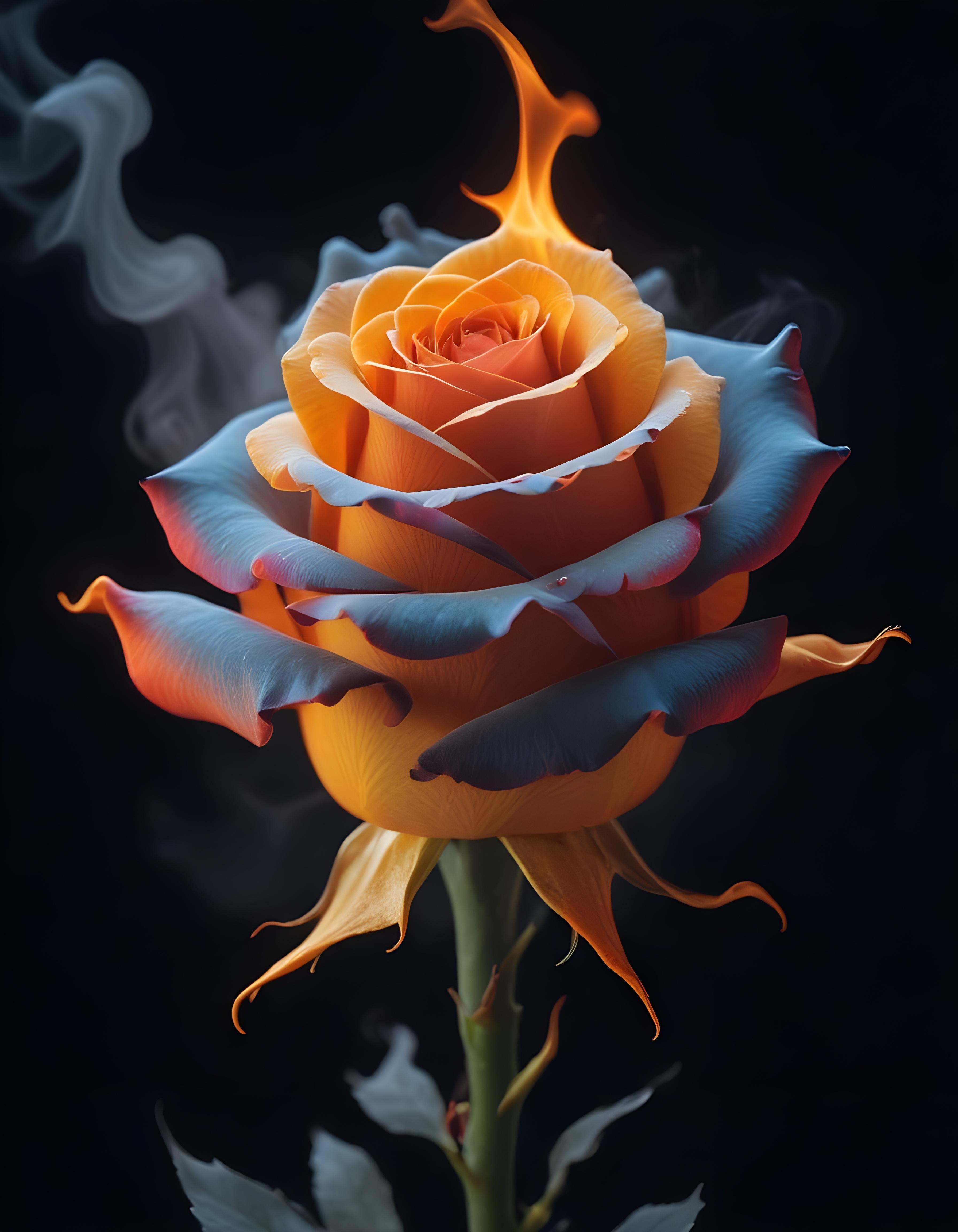 Fantasy Rose Flower with Fire and Glowing Flames Artistic Illustration