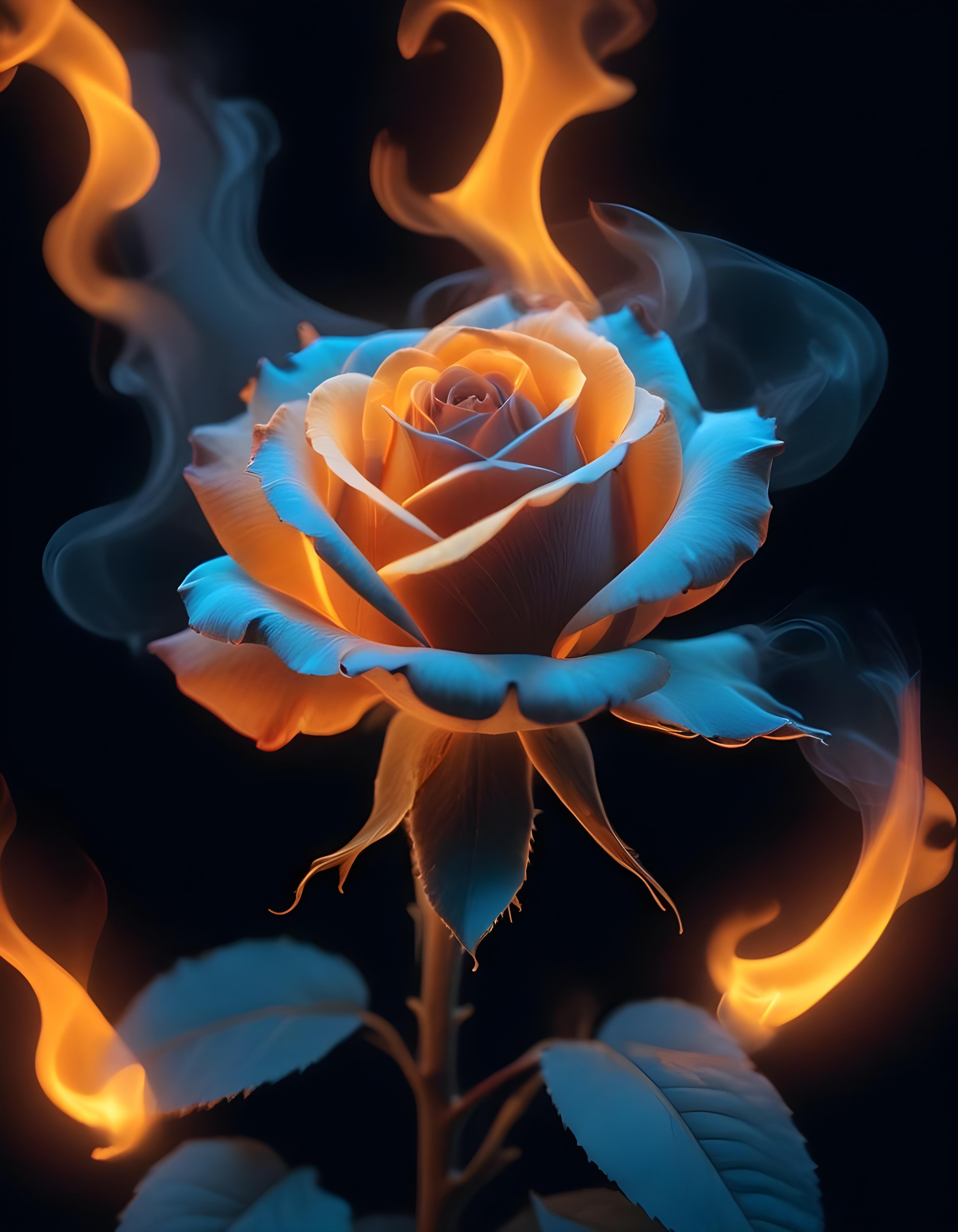Fantasy Rose Flower with Fire and Glowing Flames Artistic Illustration
