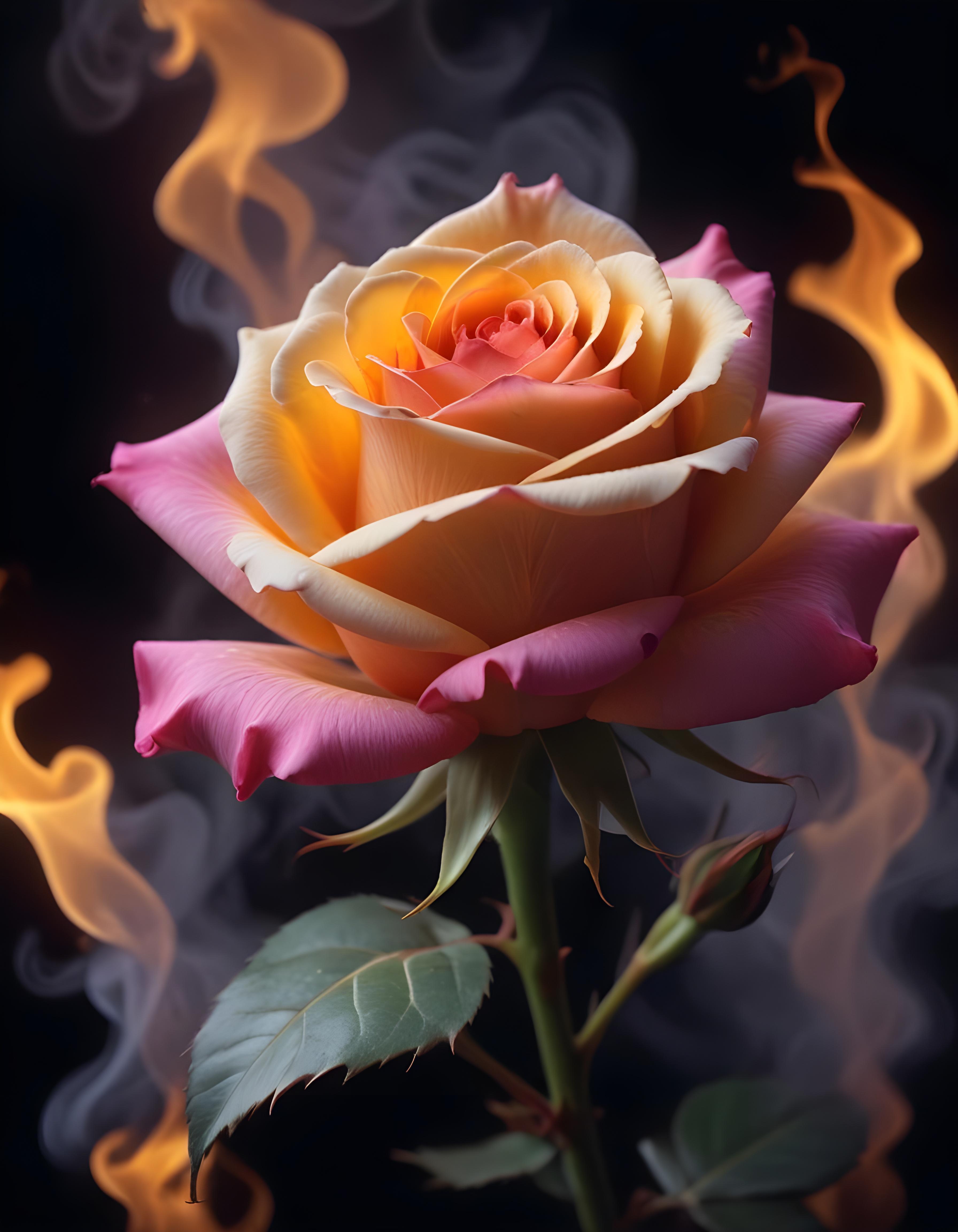 Fantasy Rose Flower with Fire and Glowing Flames Artistic Illustration