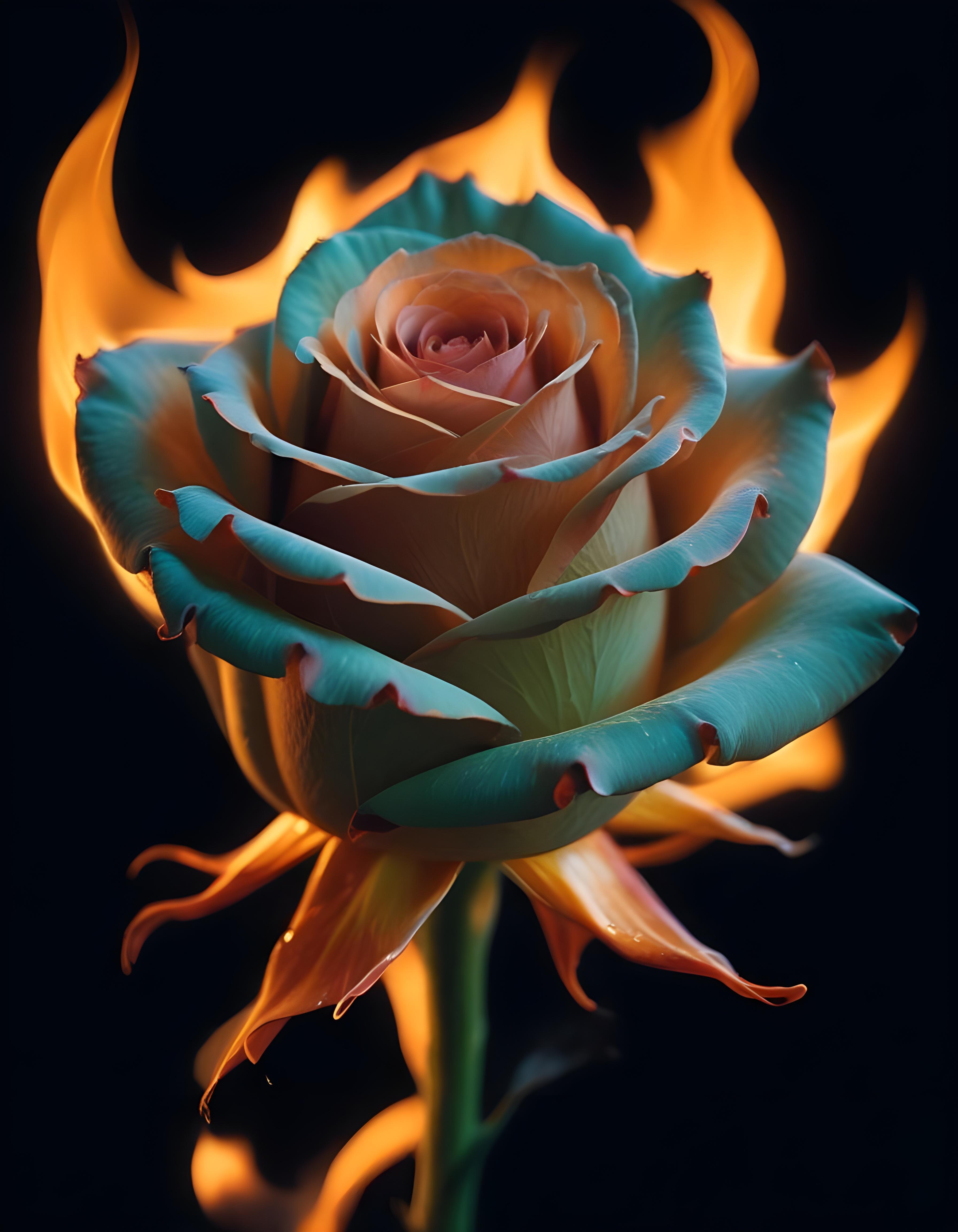 Fantasy Rose Flower with Fire and Glowing Flames Artistic Illustration