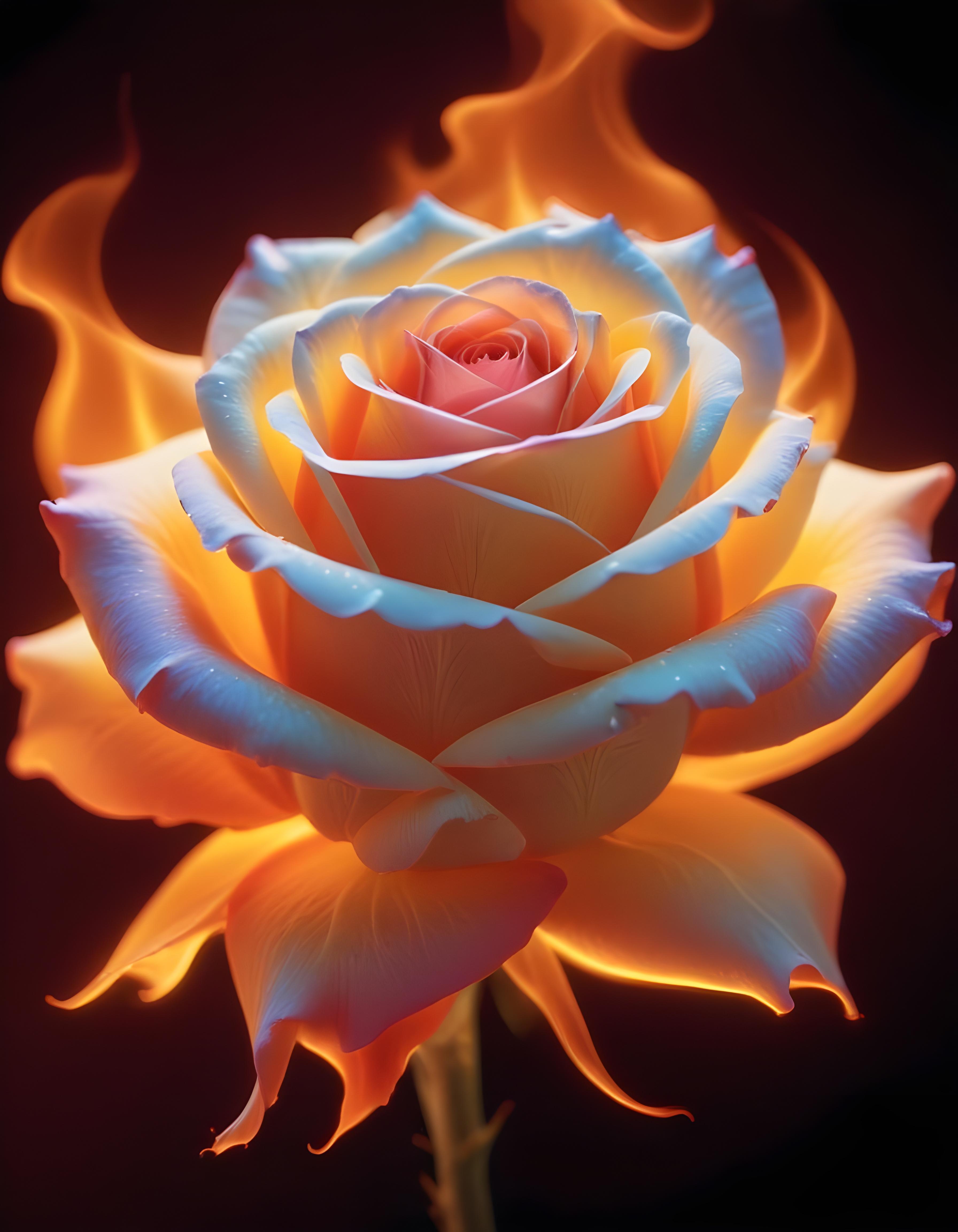 Fantasy Rose Flower with Fire and Glowing Flames Artistic Illustration