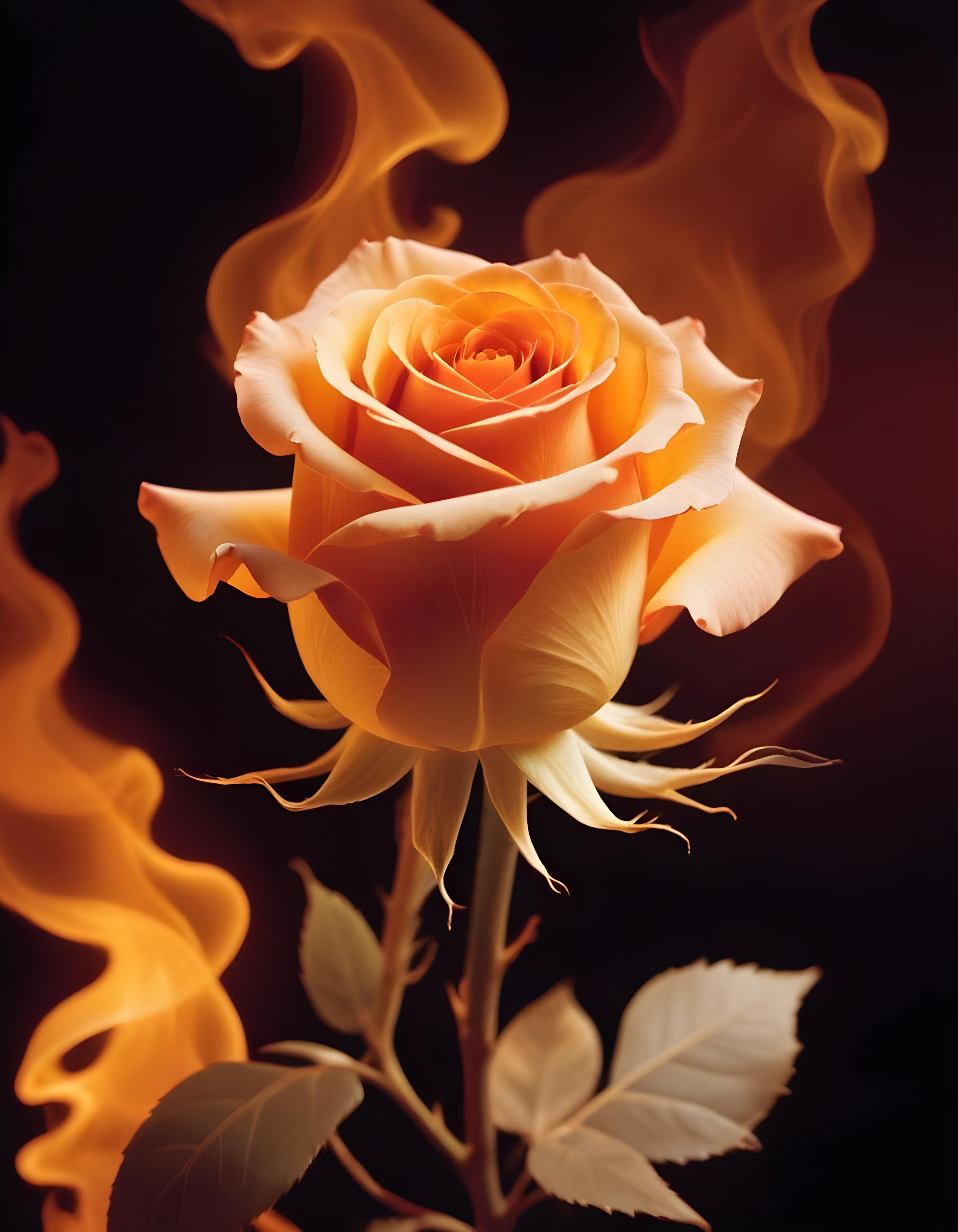 Fantasy Rose Flower with Fire and Glowing Flames Artistic Illustration