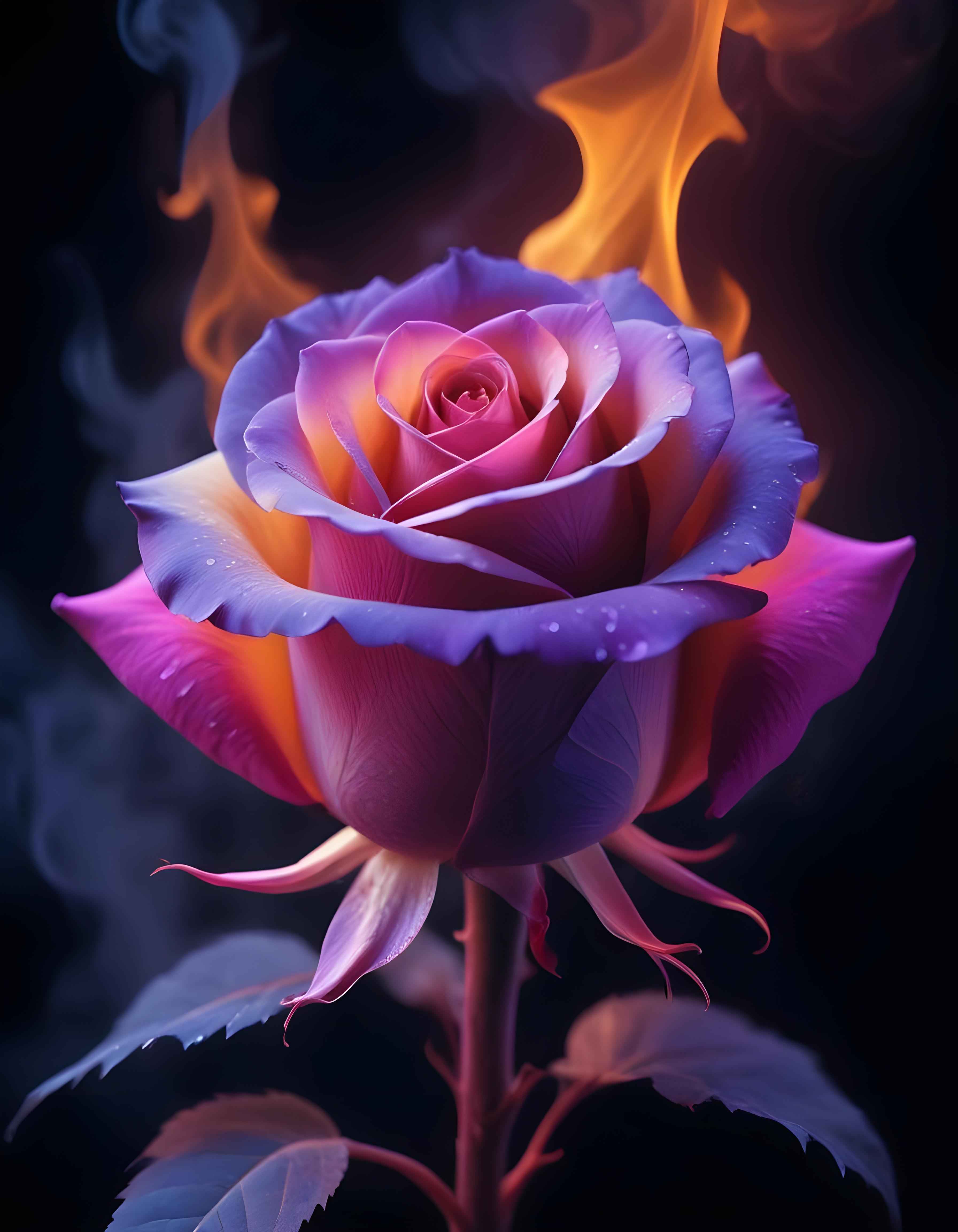 Fantasy Rose Flower with Fire and Glowing Flames Artistic Illustration