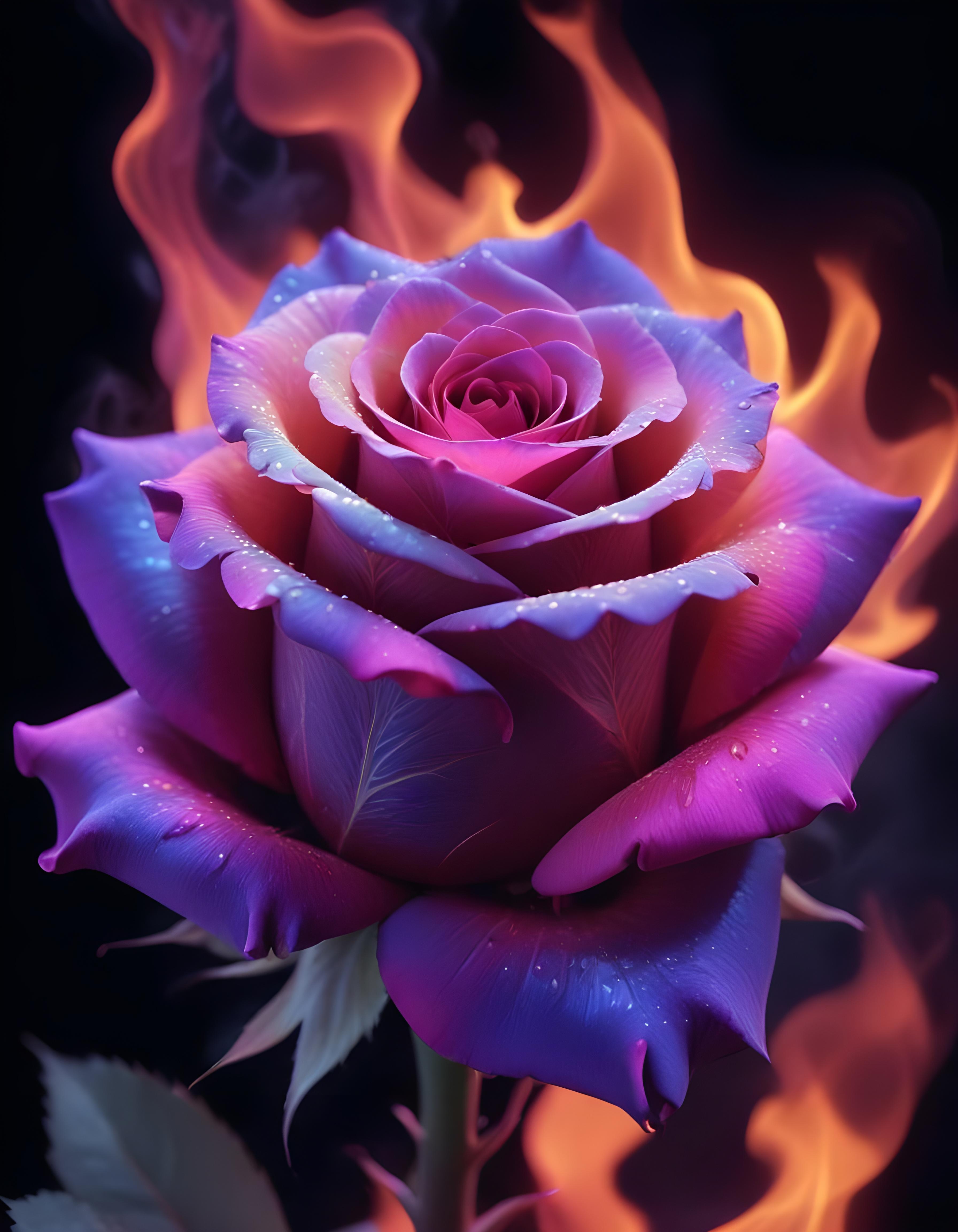 Fantasy Rose Flower with Fire and Glowing Flames Artistic Illustration