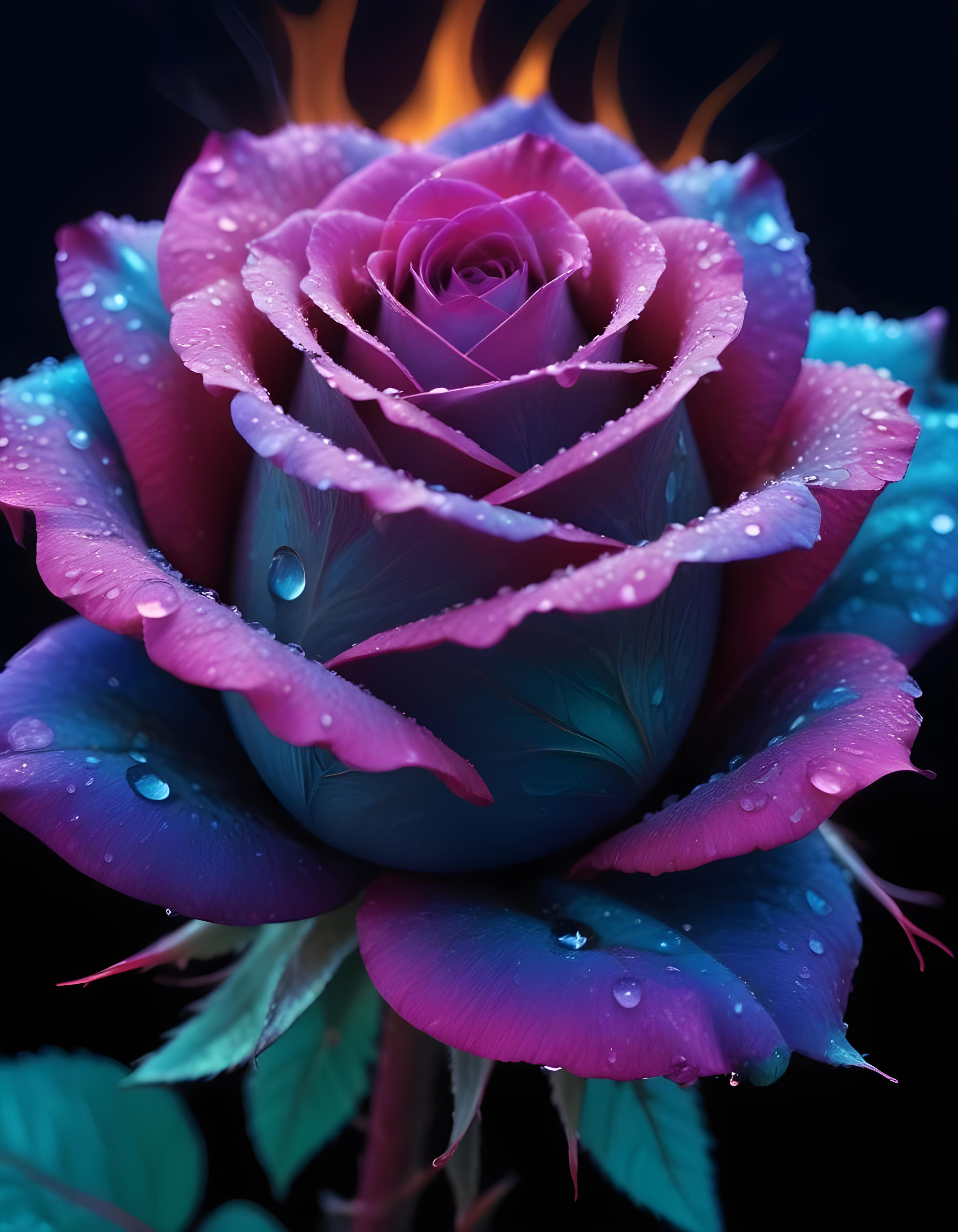 Fantasy Rose Flower with Fire and Glowing Flames Artistic Illustration