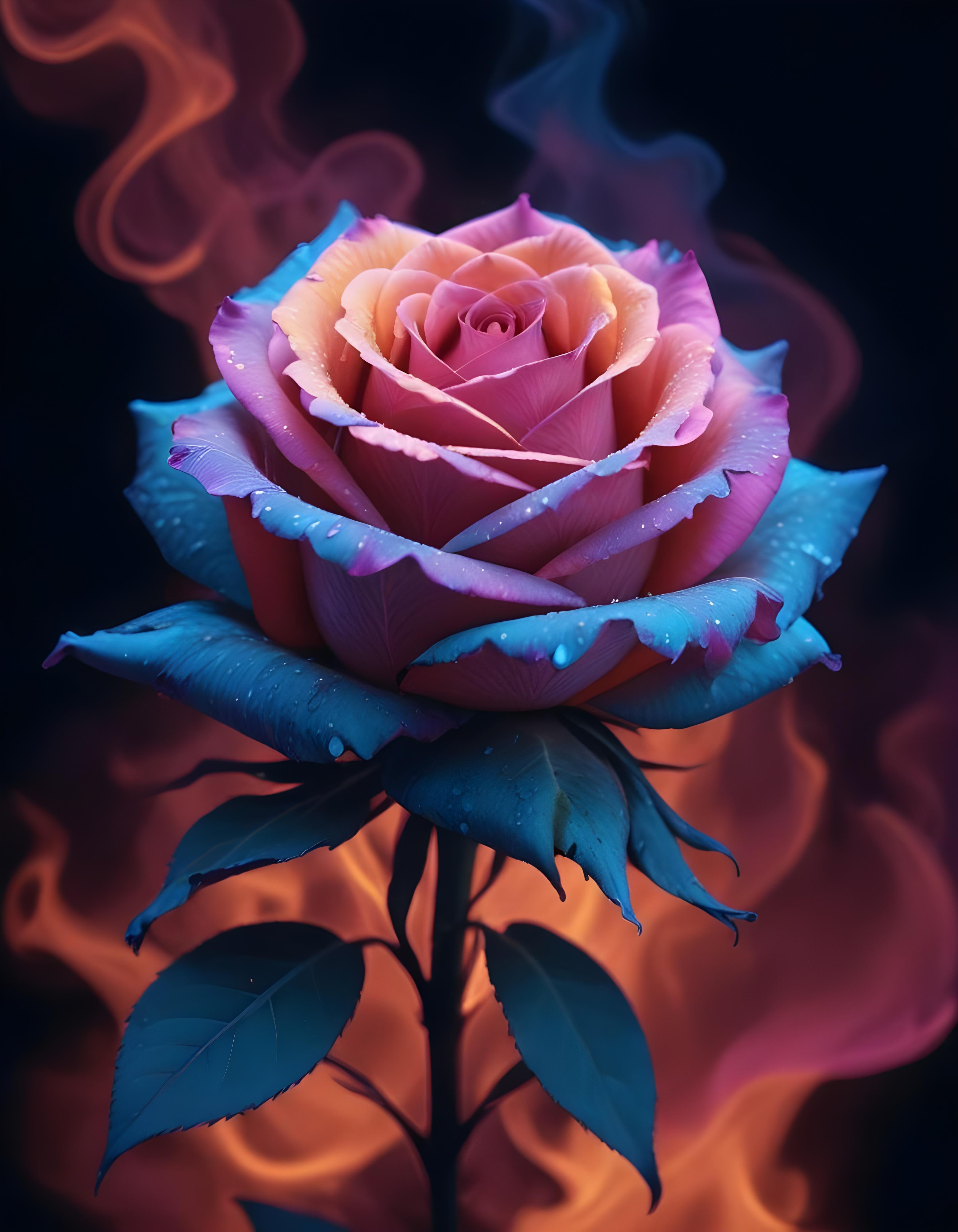 Fantasy Rose Flower with Fire and Glowing Flames Artistic Illustration