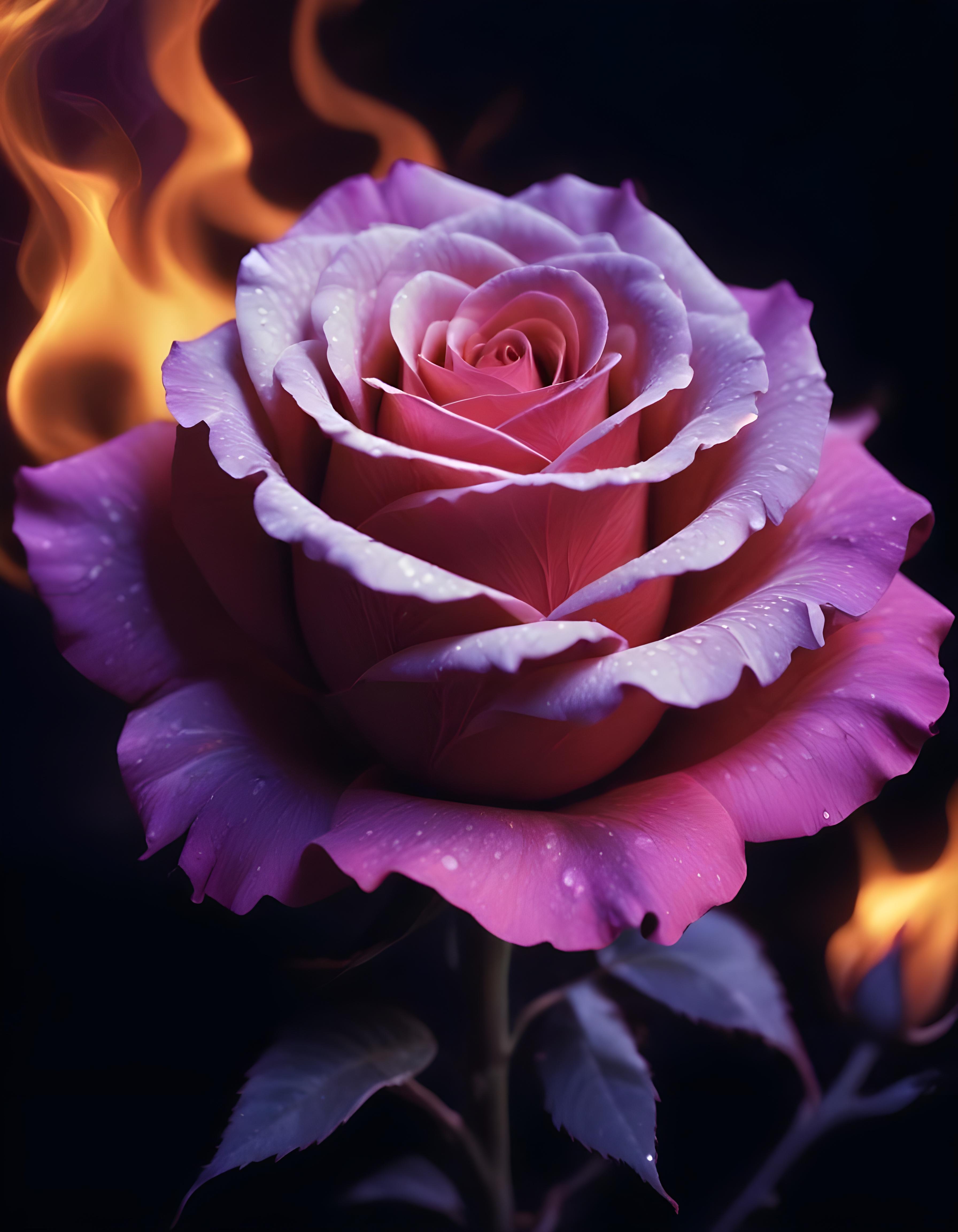 Fantasy Rose Flower with Fire and Glowing Flames Artistic Illustration