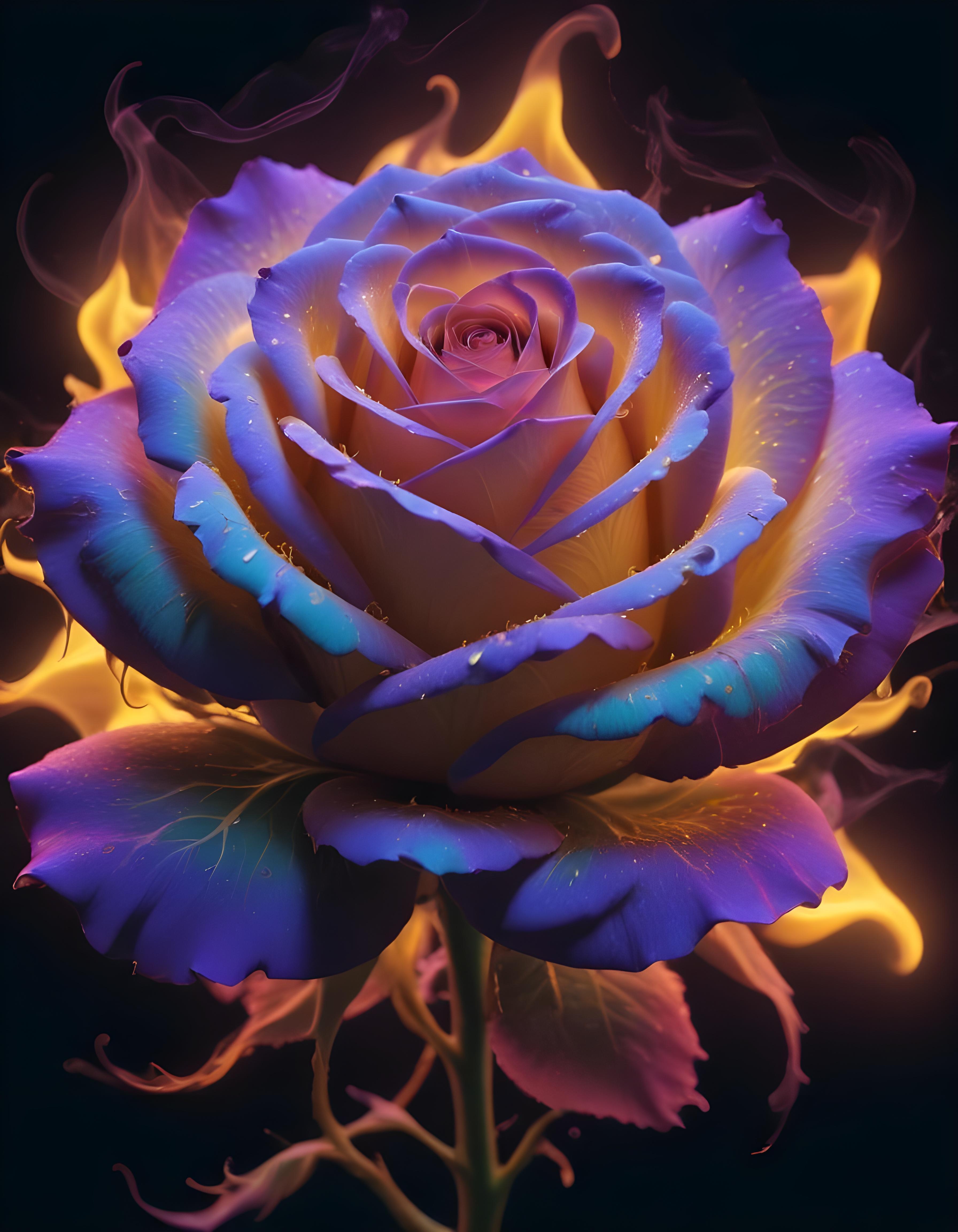 Fantasy Rose Flower with Fire and Glowing Flames Artistic Illustration