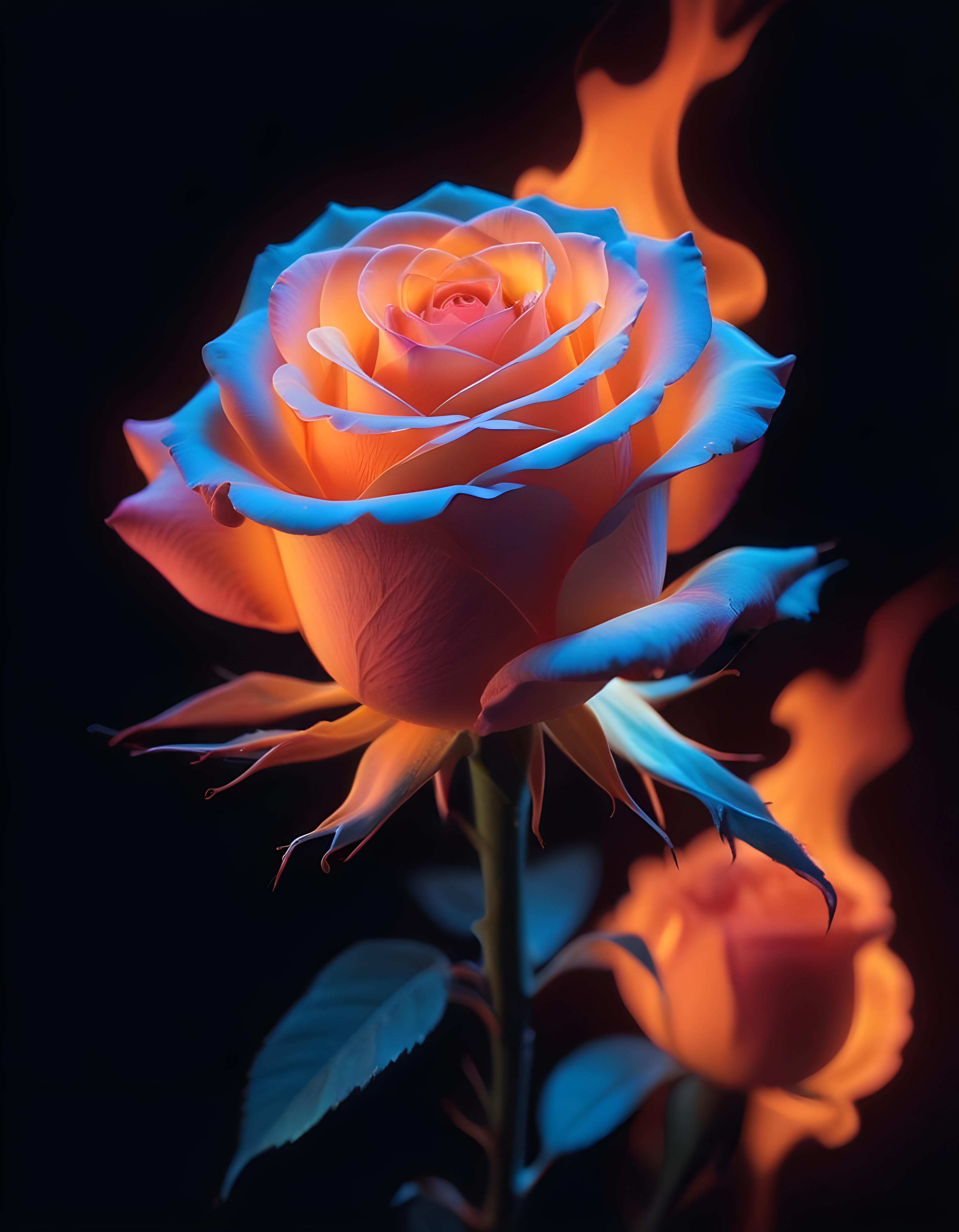 Fantasy Rose Flower with Fire and Glowing Flames Artistic Illustration