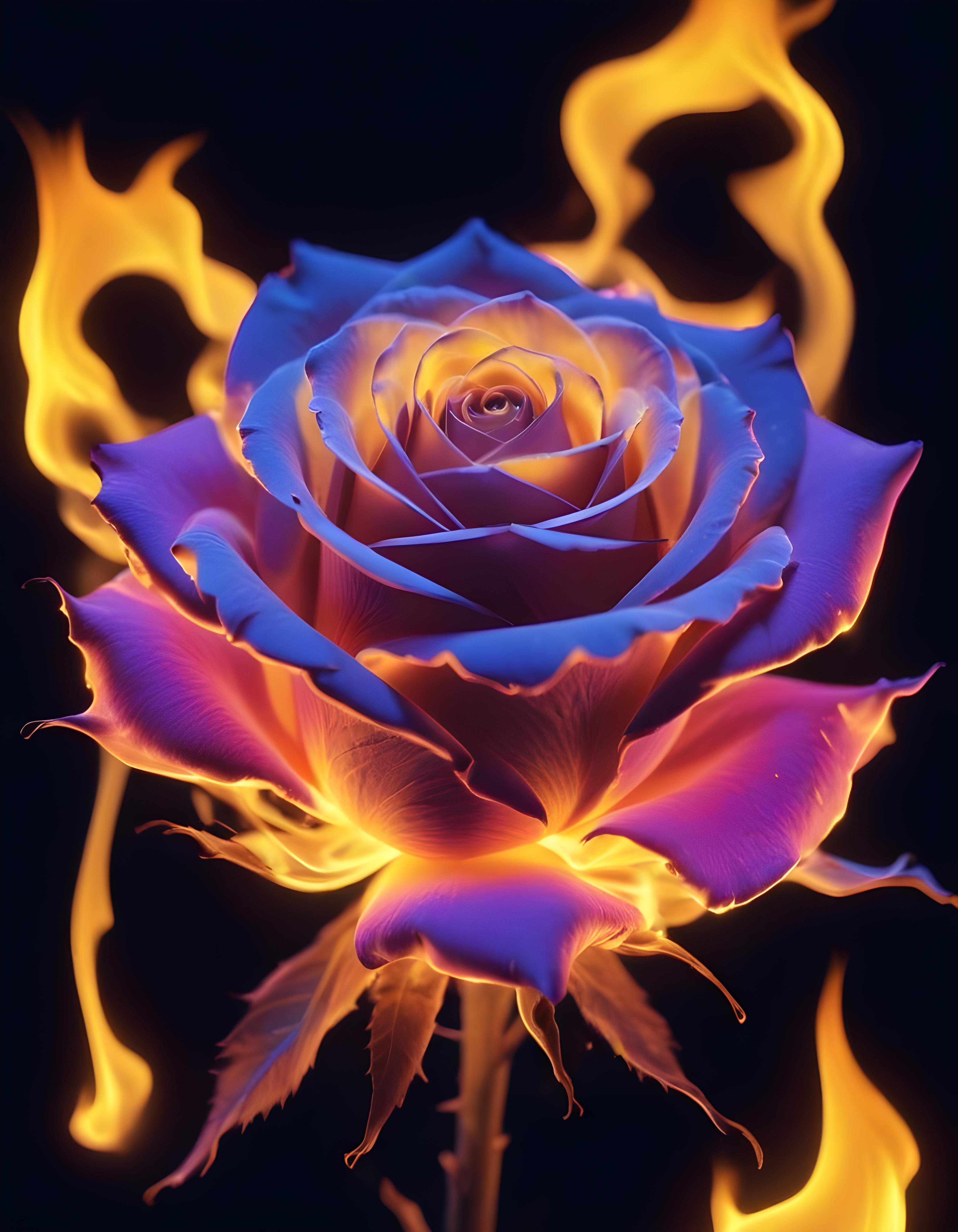 Fantasy Rose Flower with Fire and Glowing Flames Artistic Illustration