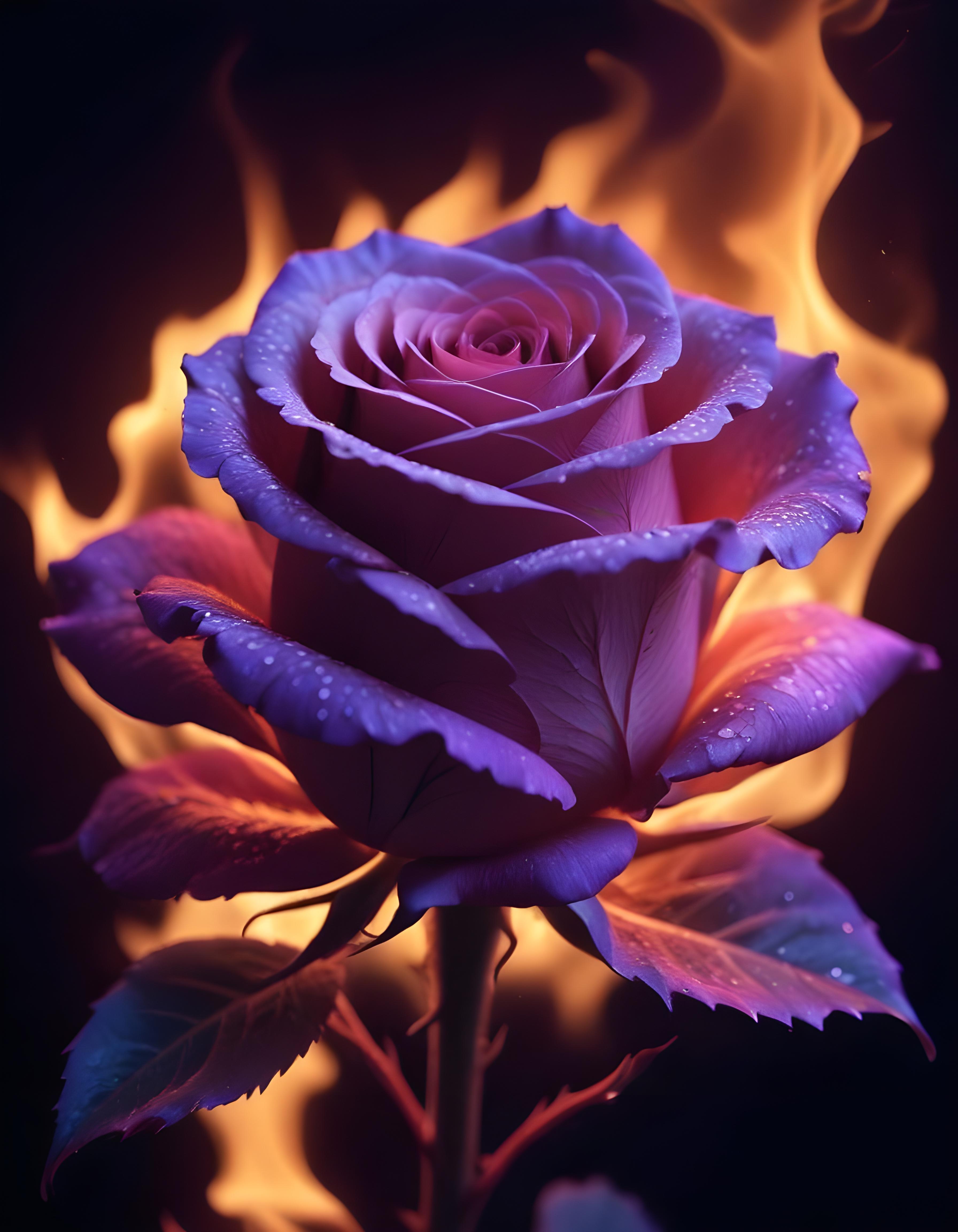 Fantasy Rose Flower with Fire and Glowing Flames Artistic Illustration