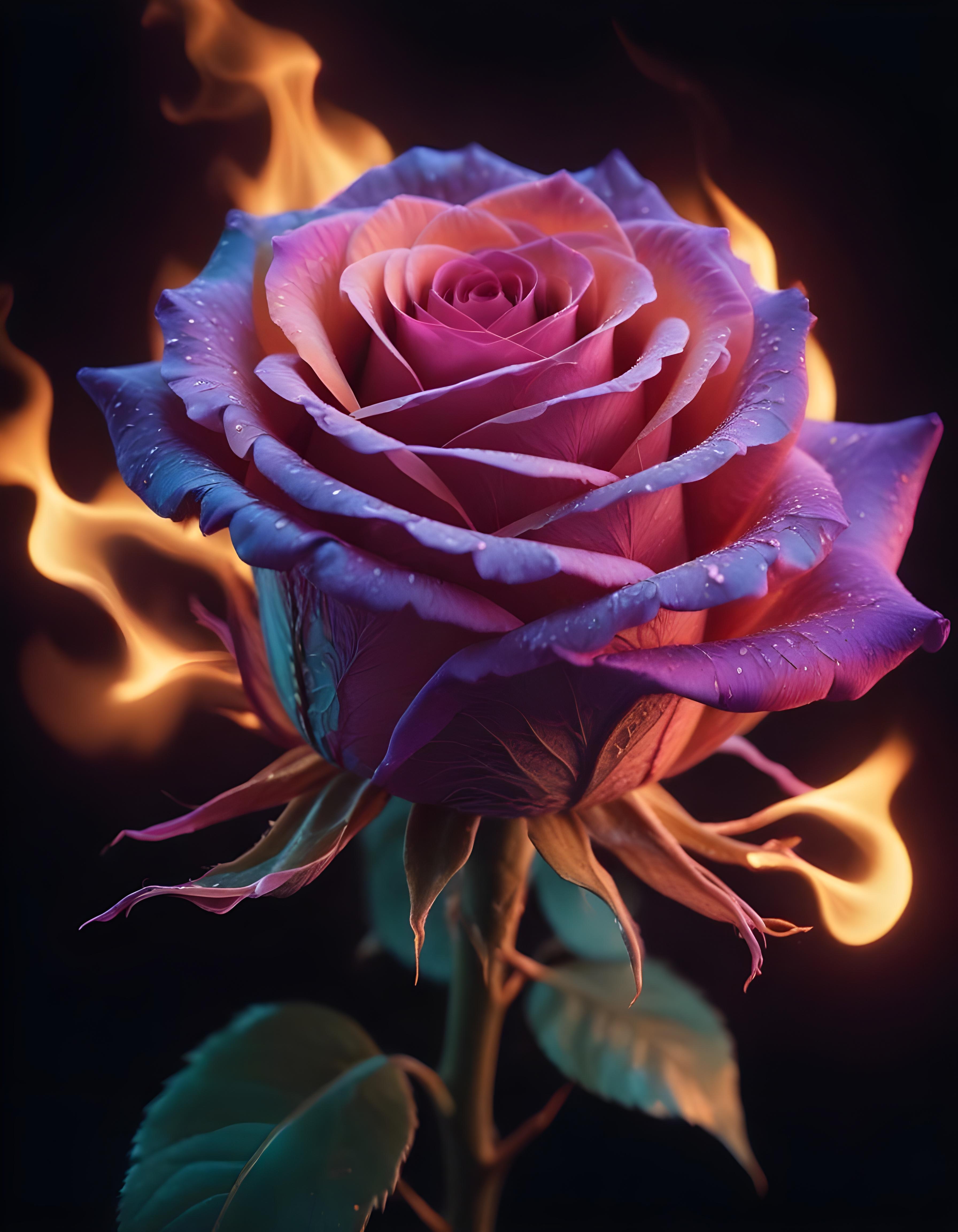 Fantasy Rose Flower with Fire and Glowing Flames Artistic Illustration