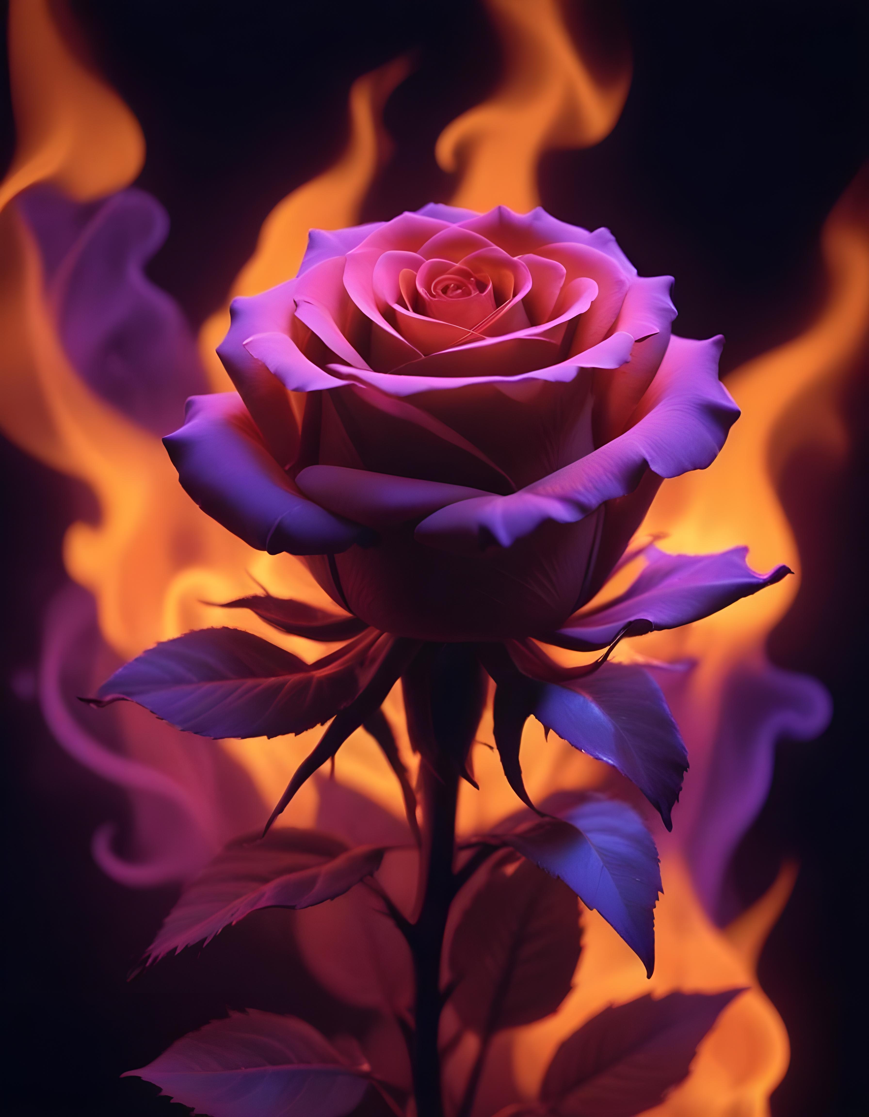 Fantasy Rose Flower with Fire and Glowing Flames Artistic Illustration