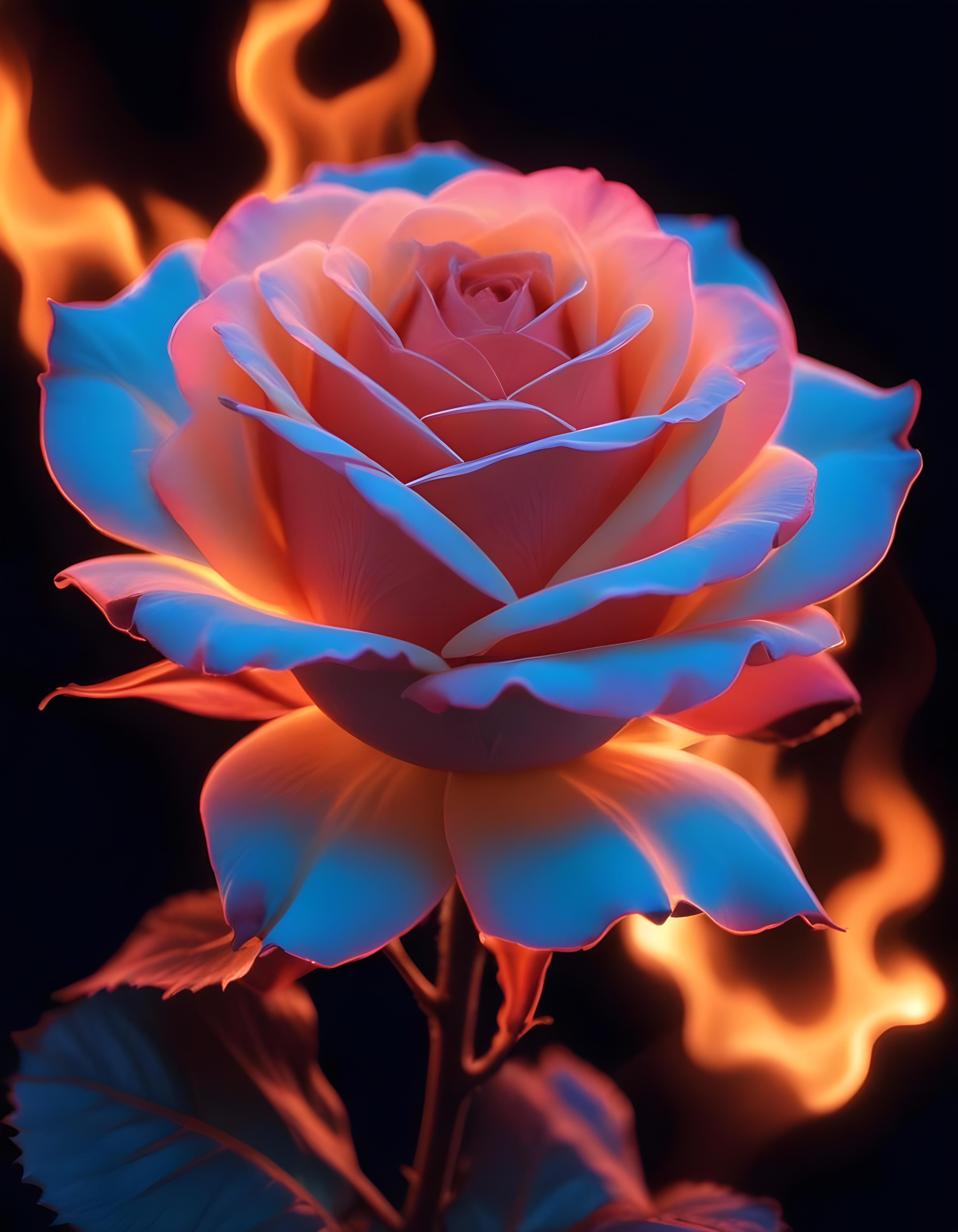 Fantasy Rose Flower with Fire and Glowing Flames Artistic Illustration