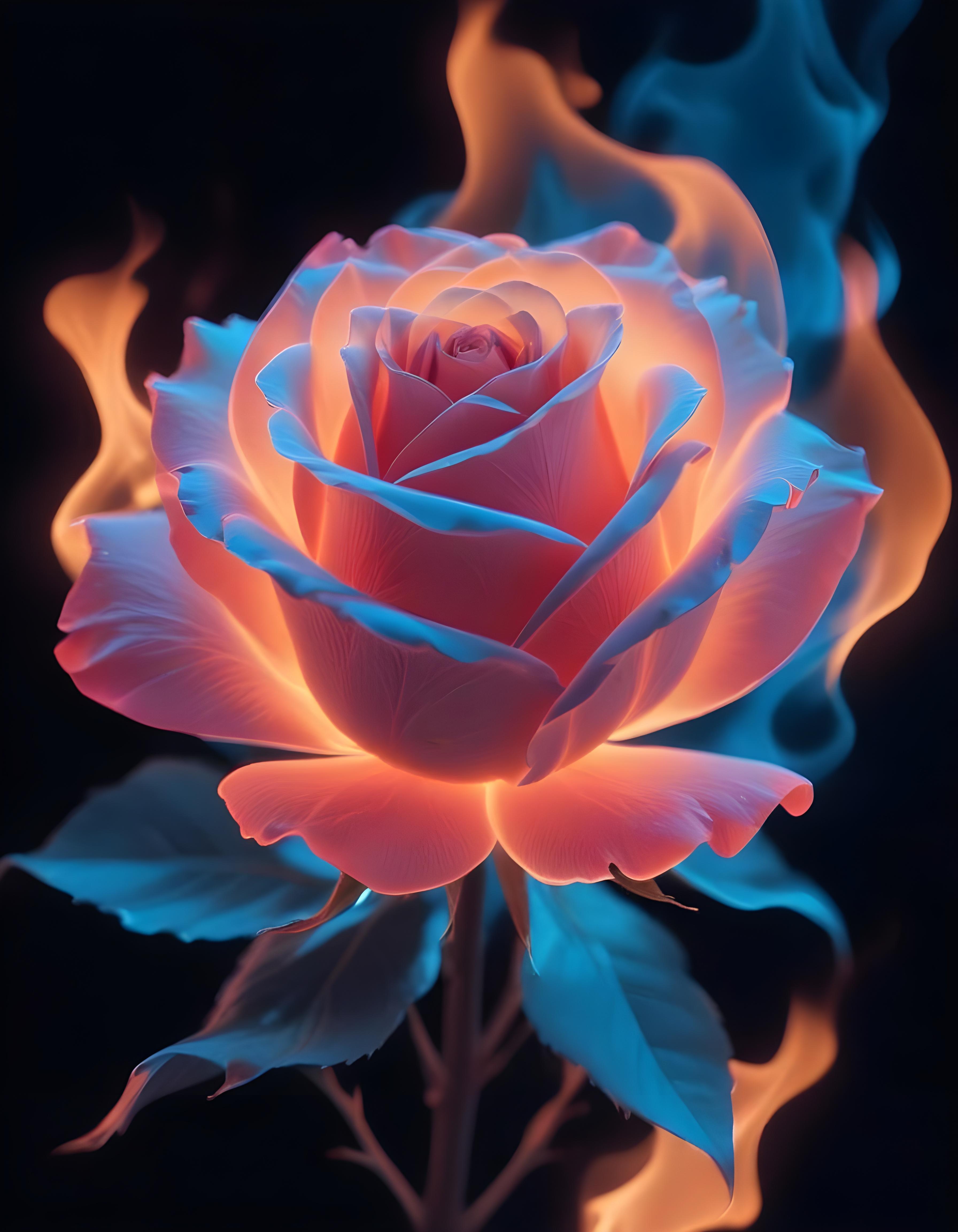 Fantasy Rose Flower with Fire and Glowing Flames Artistic Illustration