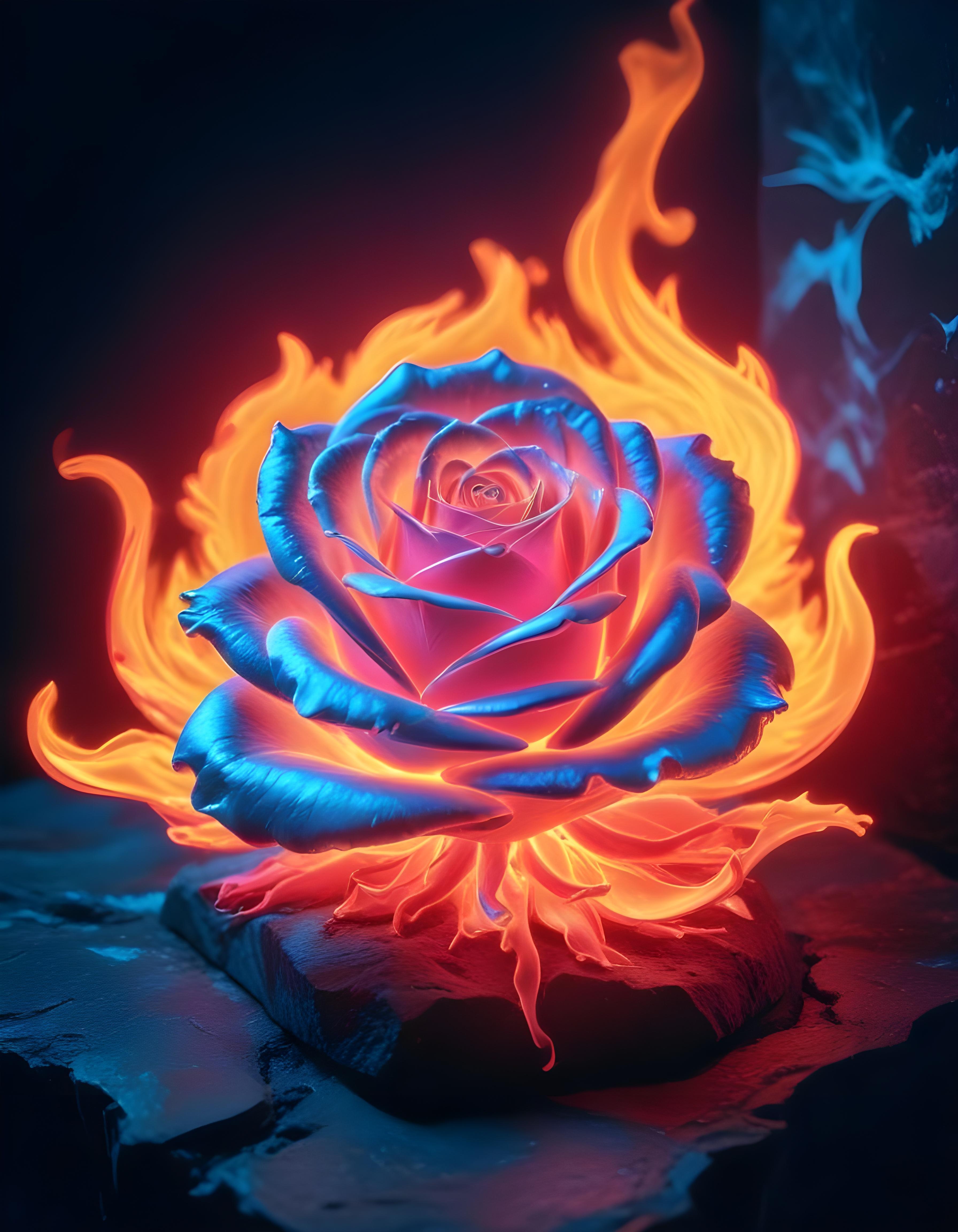 Fantasy Rose Flower with Fire and Glowing Flames Artistic Illustration
