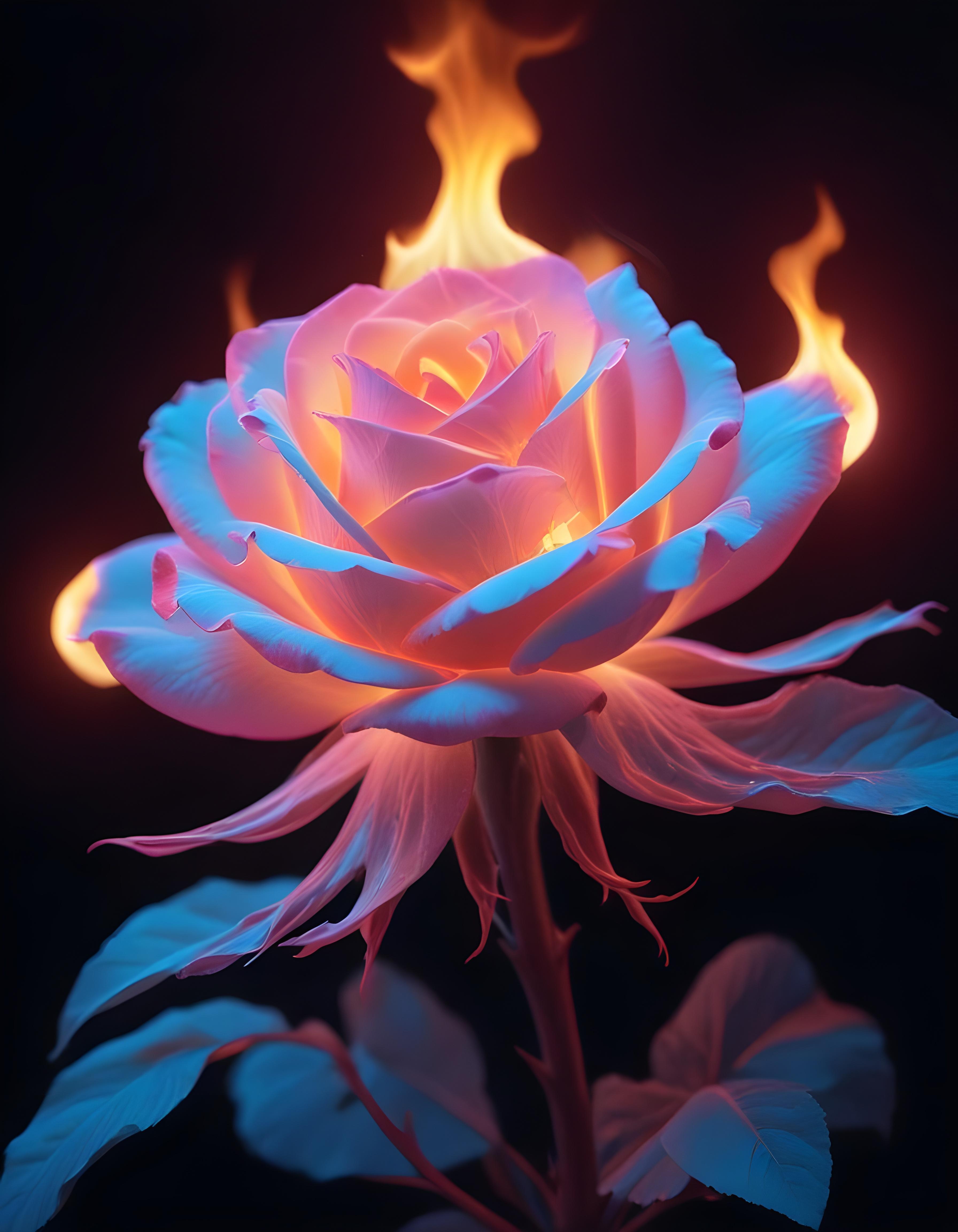 Fantasy Rose Flower with Fire and Glowing Flames Artistic Illustration