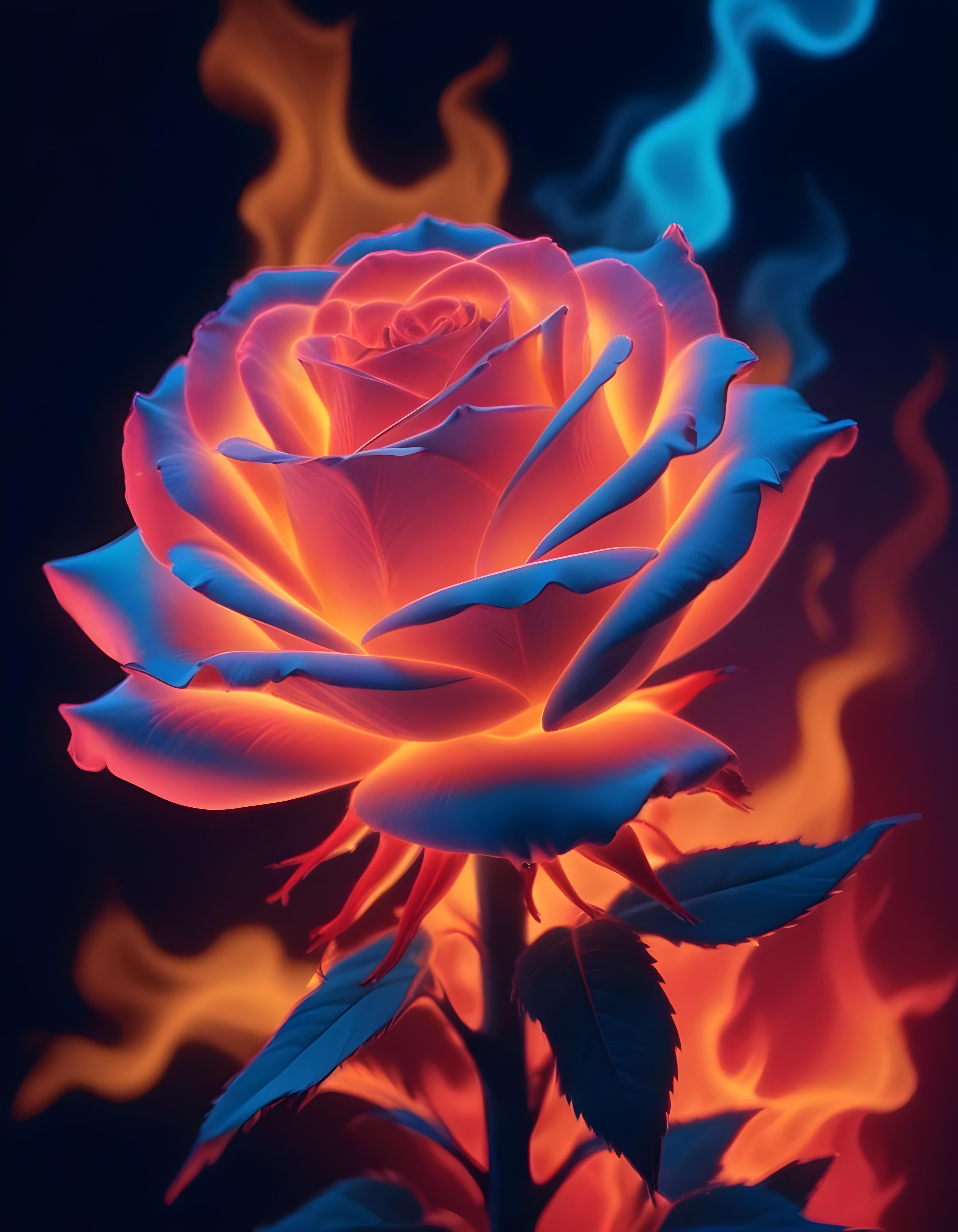 Fantasy Rose Flower with Fire and Glowing Flames Artistic Illustration
