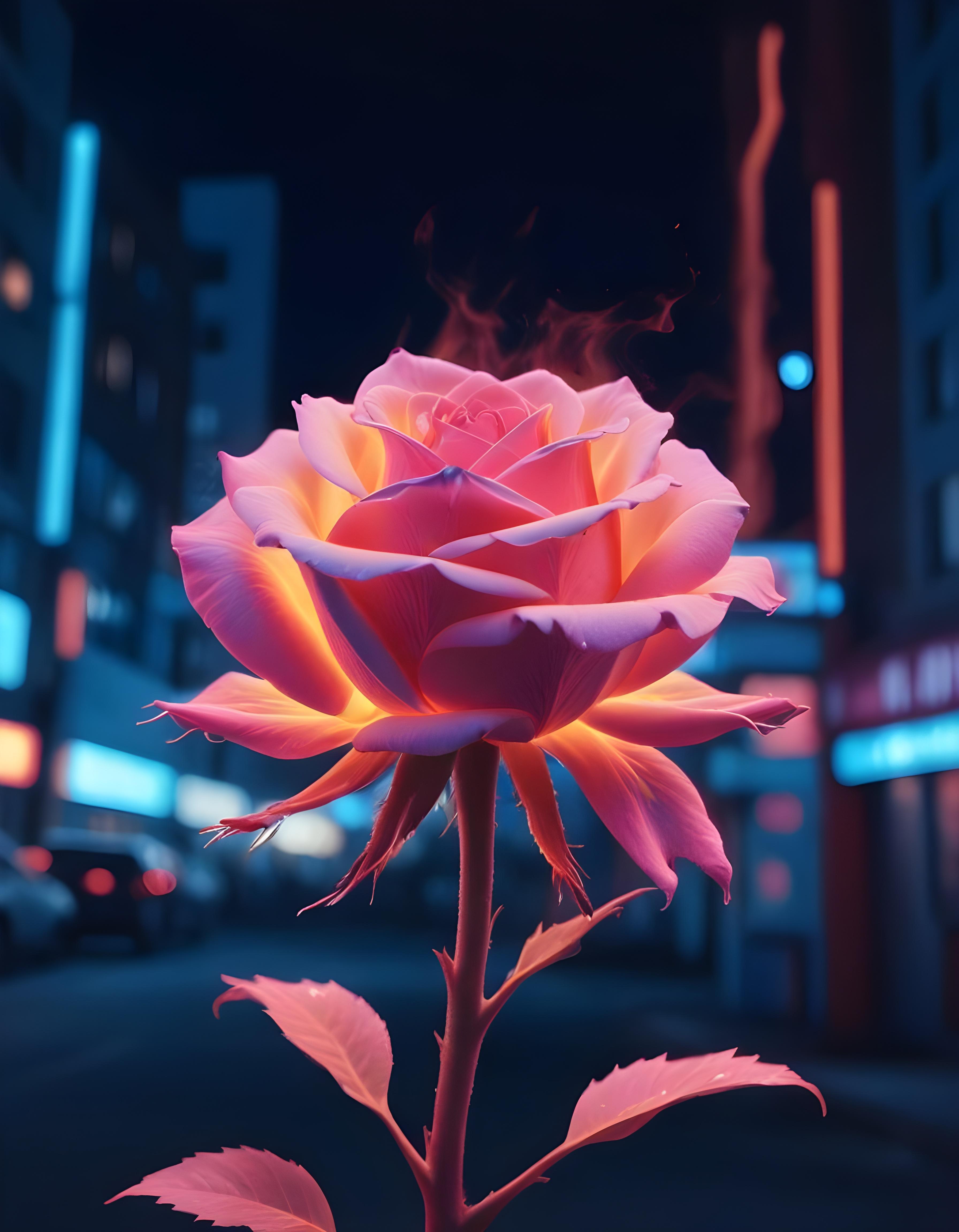 Fantasy Rose Flower with Fire and Glowing Flames Artistic Illustration