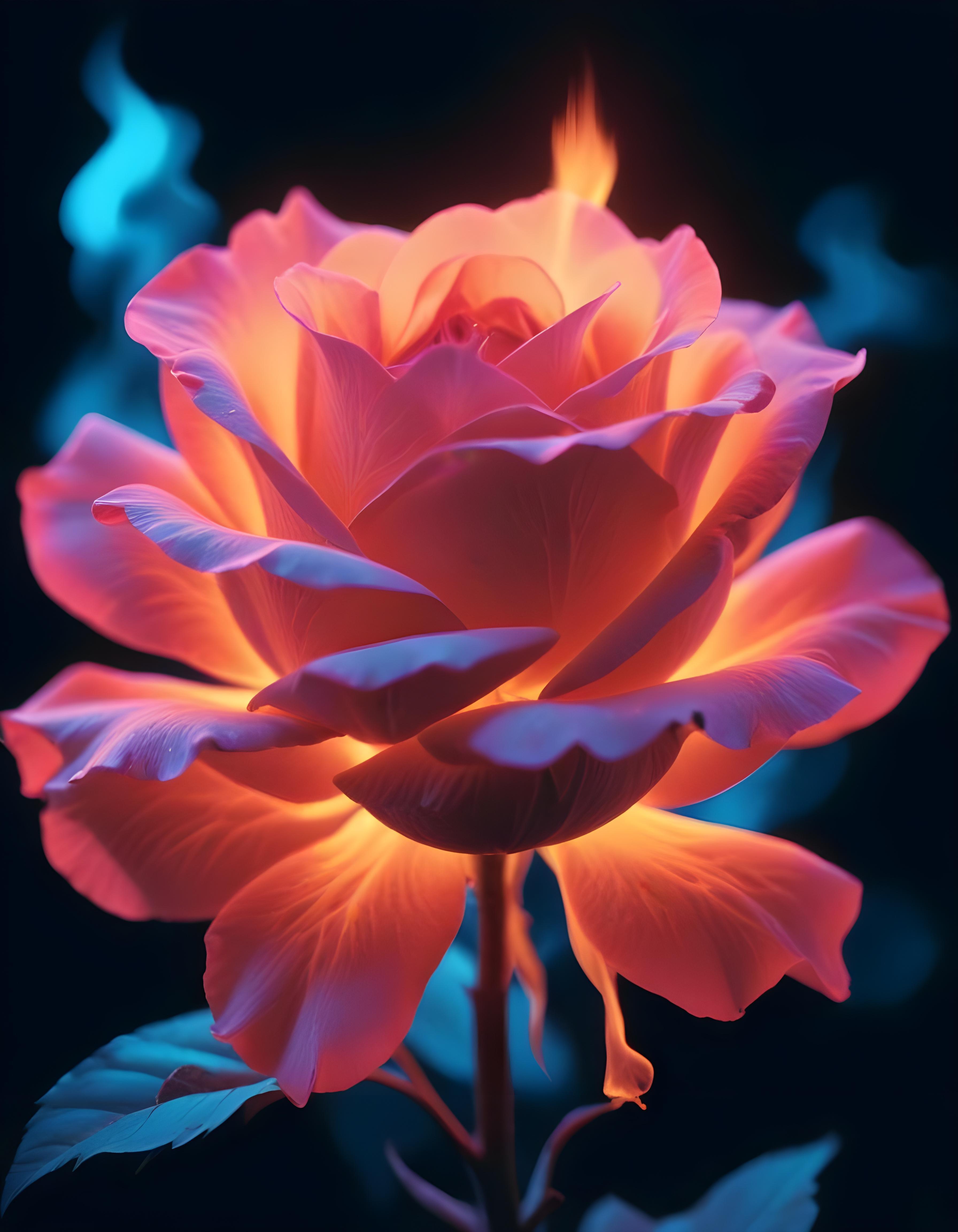 Fantasy Rose Flower with Fire and Glowing Flames Artistic Illustration