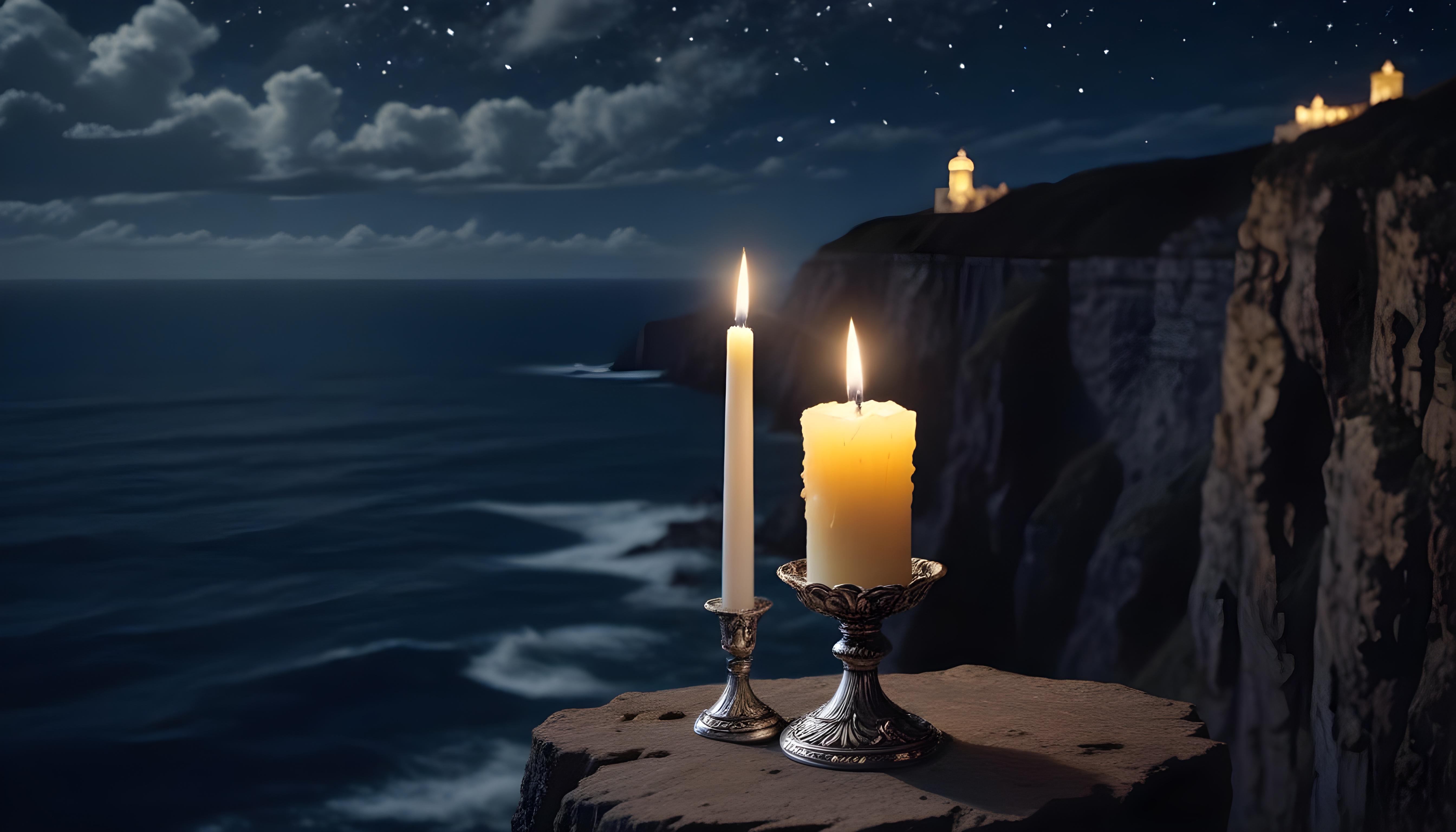 Glowing Candlelight Scene with Warm Ambience and Peaceful Night Background