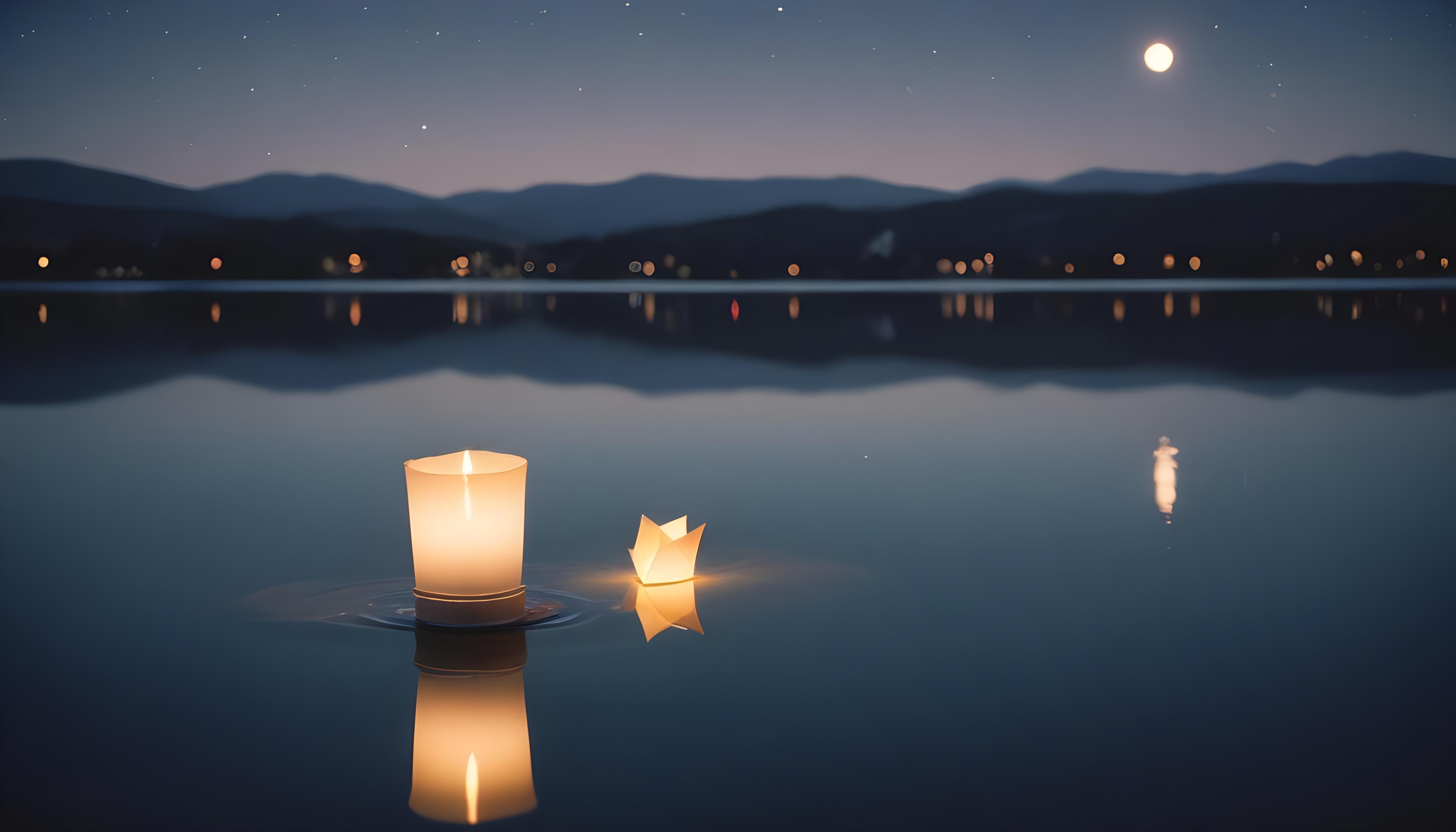 Glowing Candlelight Scene with Warm Ambience and Peaceful Night Background