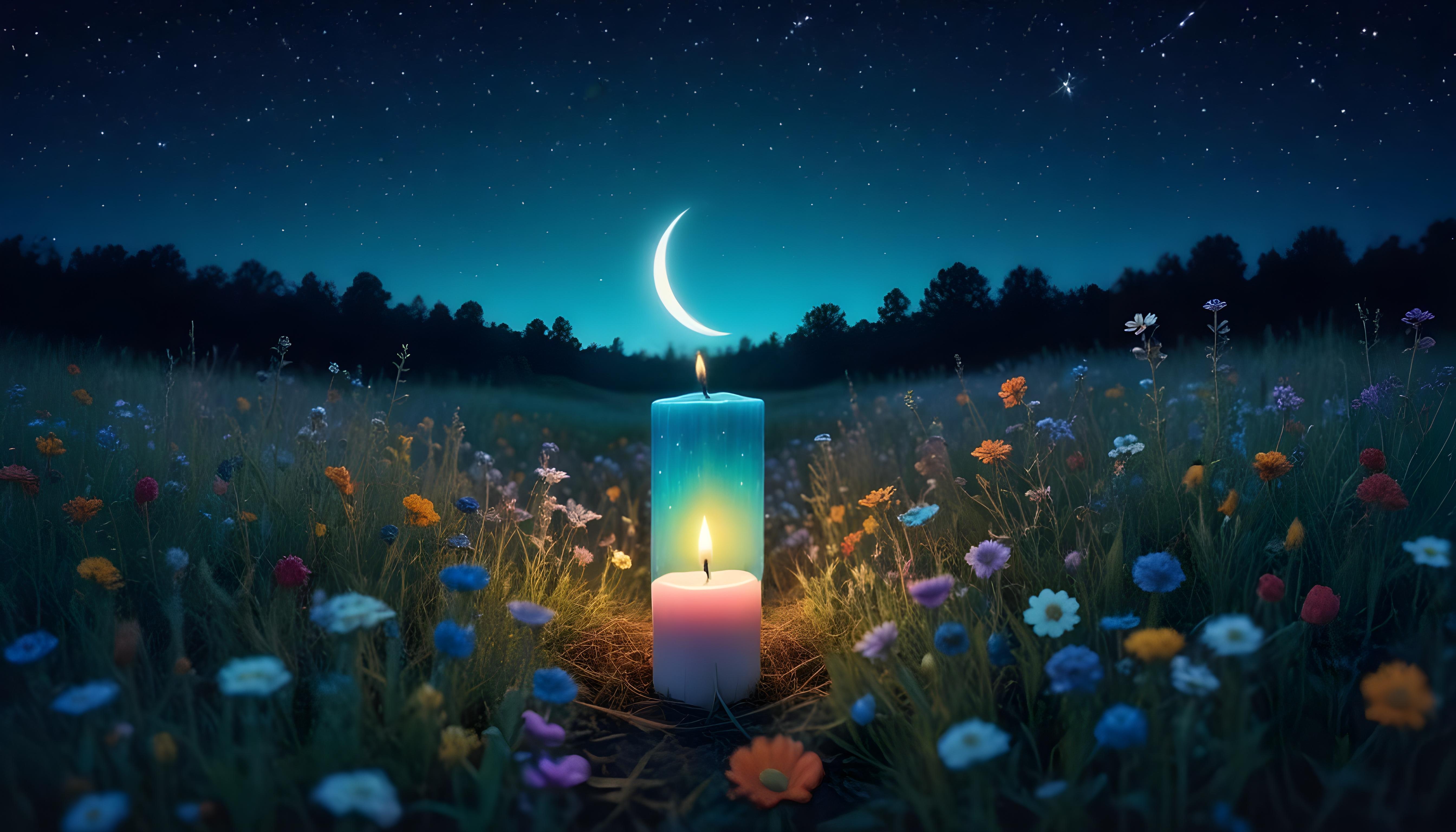 Glowing Candlelight Scene with Warm Ambience and Peaceful Night Background