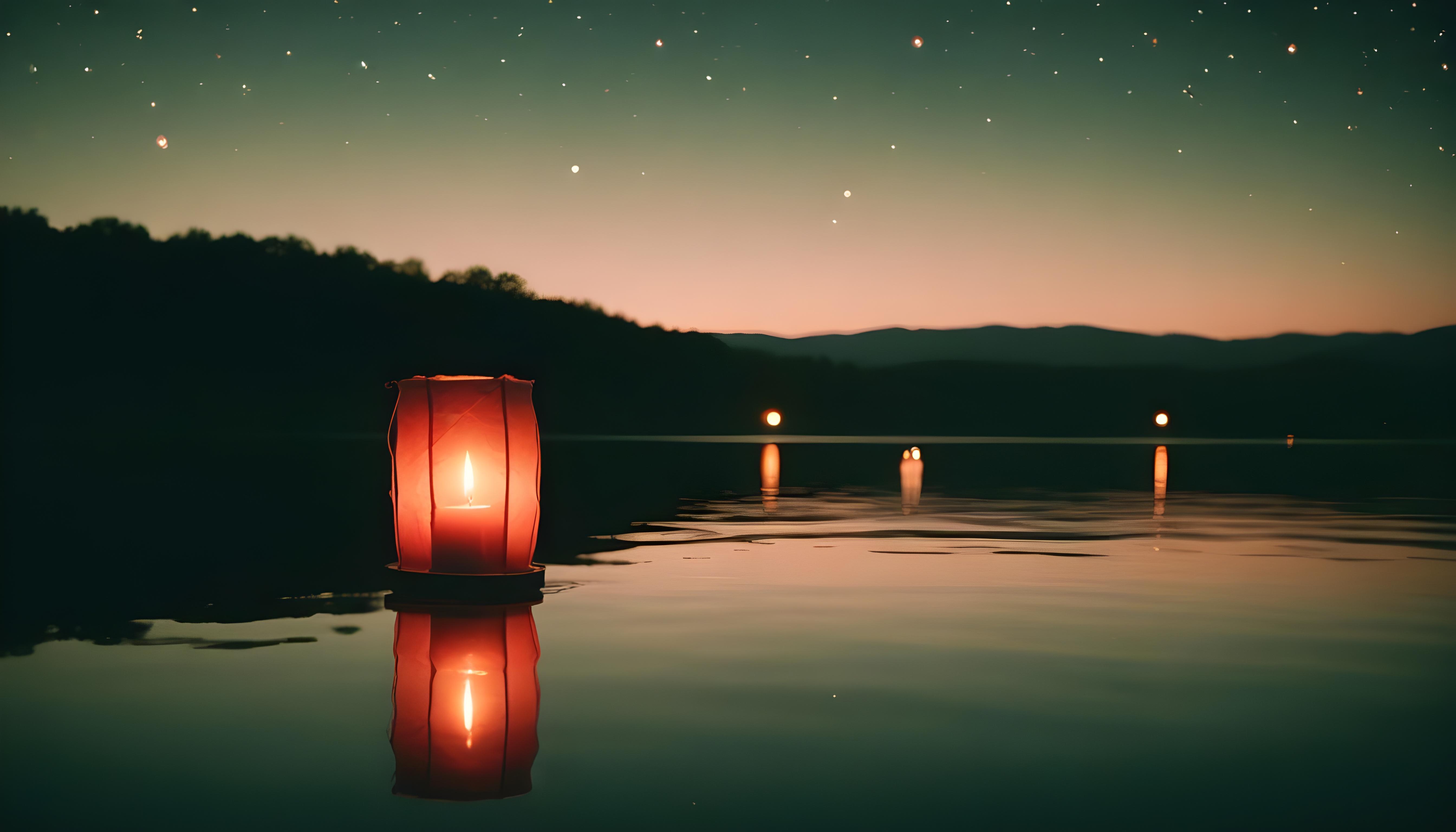 Glowing Candlelight Scene with Warm Ambience and Peaceful Night Background